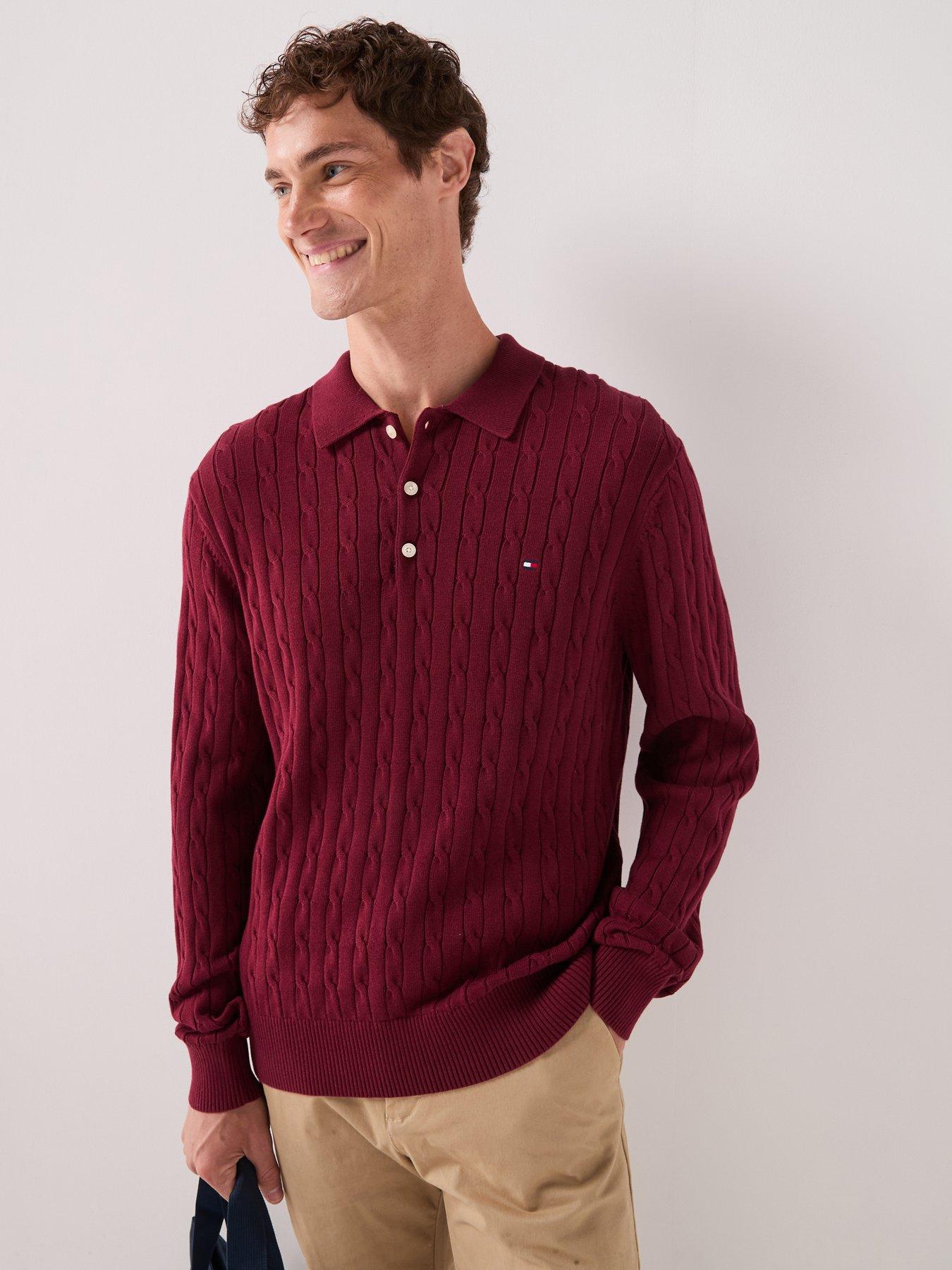 Image 1 of 6 of Tommy Hilfiger Classic Cotton Cable Long Sleeve Knitted Polo Shirt - Red