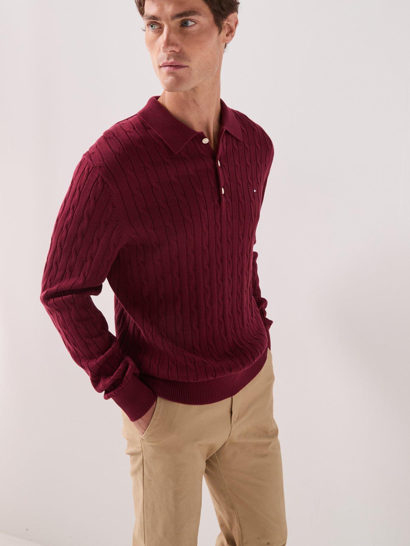 Image 6 of 6 of Tommy Hilfiger Classic Cotton Cable Long Sleeve Knitted Polo Shirt - Red