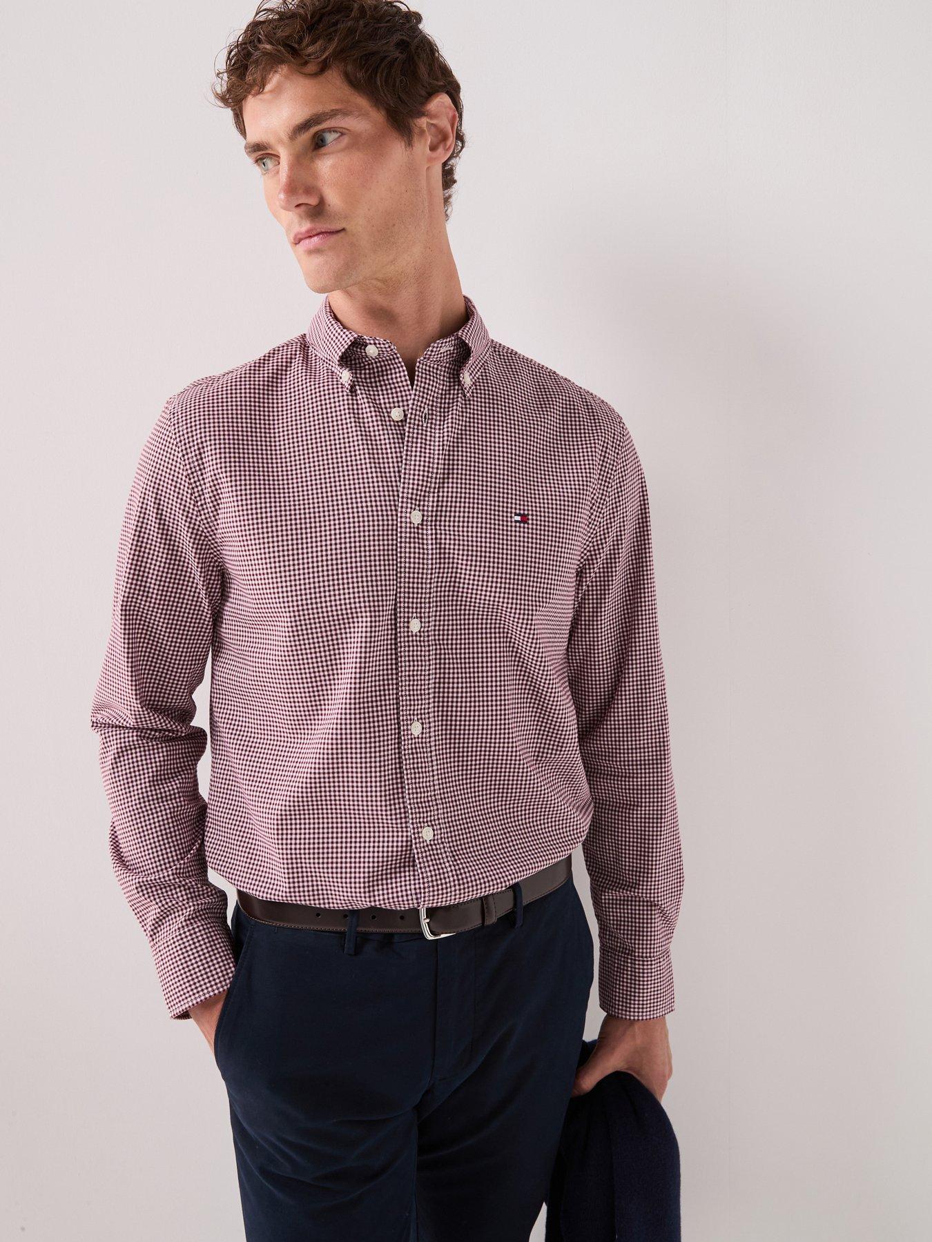 Image 1 of 6 of Tommy Hilfiger Men's Flex Poplin Gingham Regular Fit Shirt - Dark Red