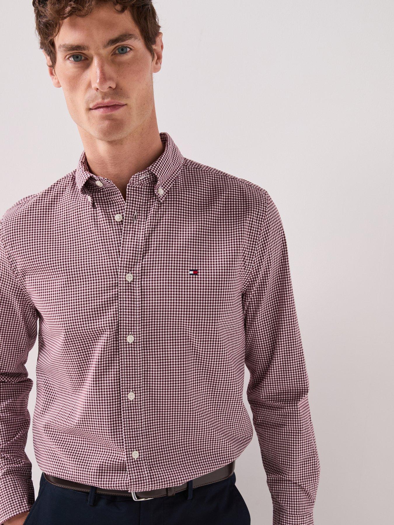 Image 4 of 6 of Tommy Hilfiger Men's Flex Poplin Gingham Regular Fit Shirt - Dark Red