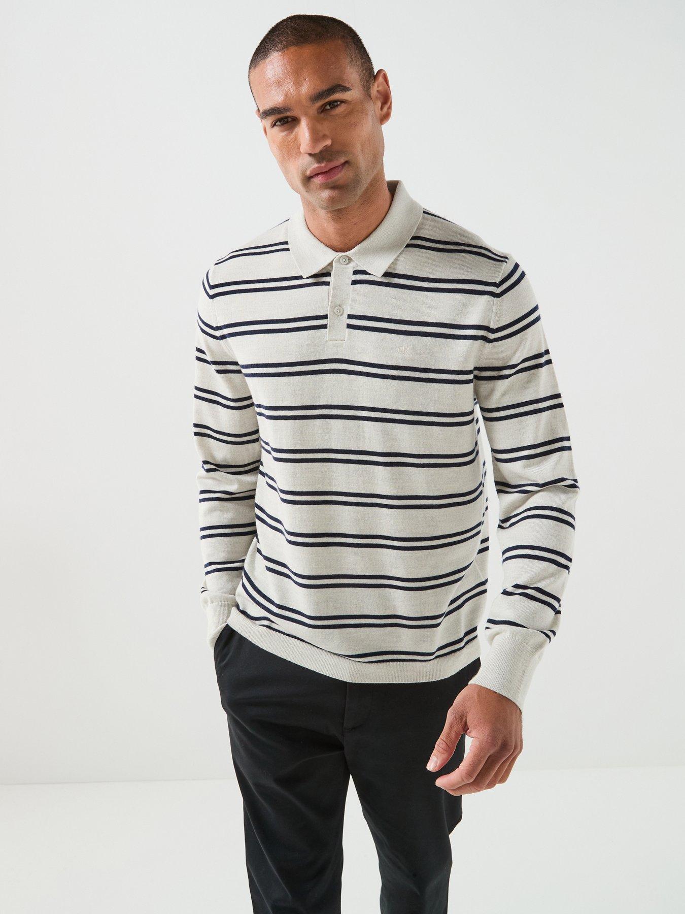 Calvin Klein Long Sleeve Stripe Merino Polo Shirt - Cream