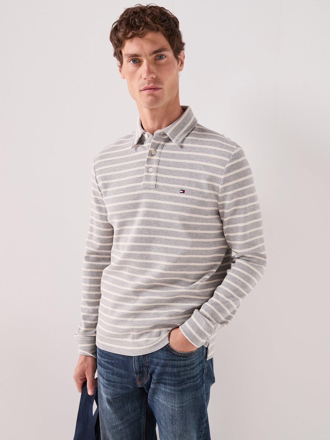 Image 1 of 6 of Tommy Hilfiger Long Sleeve Waffle Regular Fit Polo Shirt - Grey
