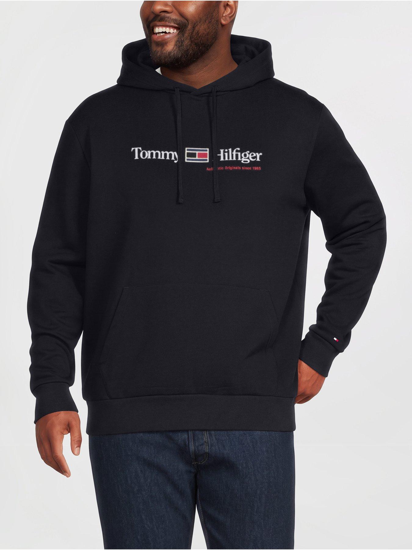 Image 1 of 5 of Tommy Hilfiger Mens Big &amp; Tall Logo Print Drawstring Hood Fleece Hoodie - Navy