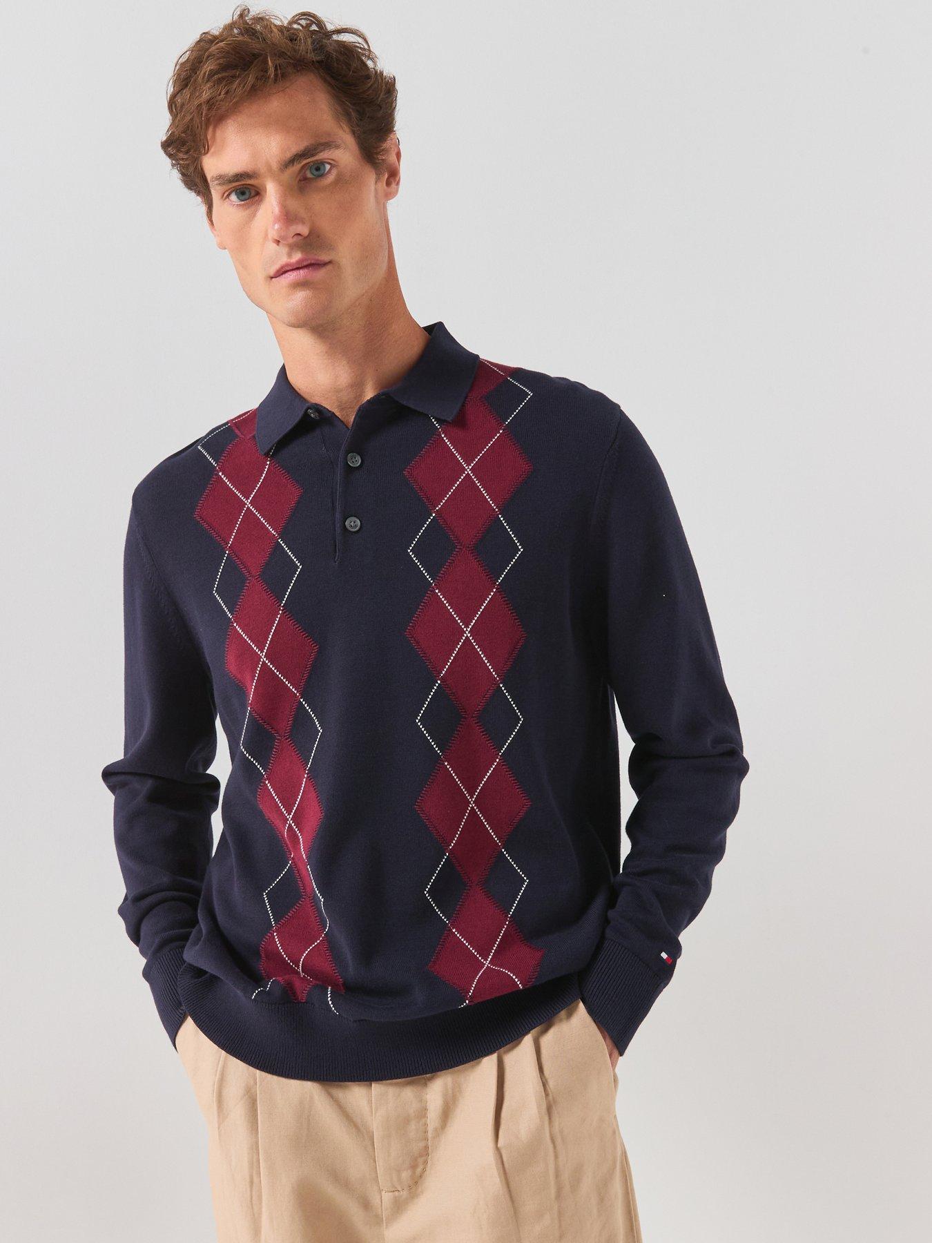 Image 1 of 6 of Tommy Hilfiger Placed Argyle Longsleeve Knitted Polo Shirt - Navy