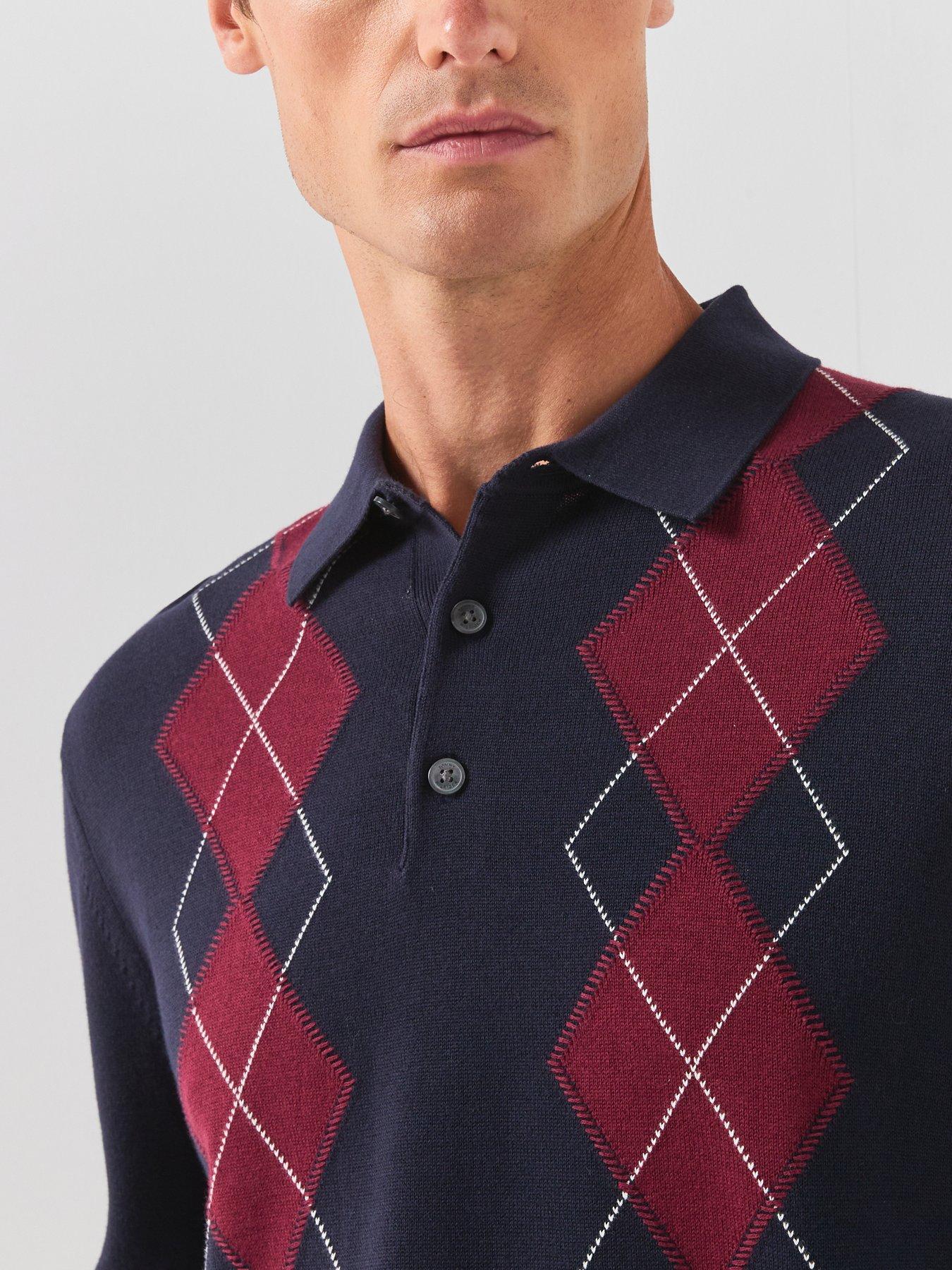 Image 5 of 6 of Tommy Hilfiger Placed Argyle Longsleeve Knitted Polo Shirt - Navy