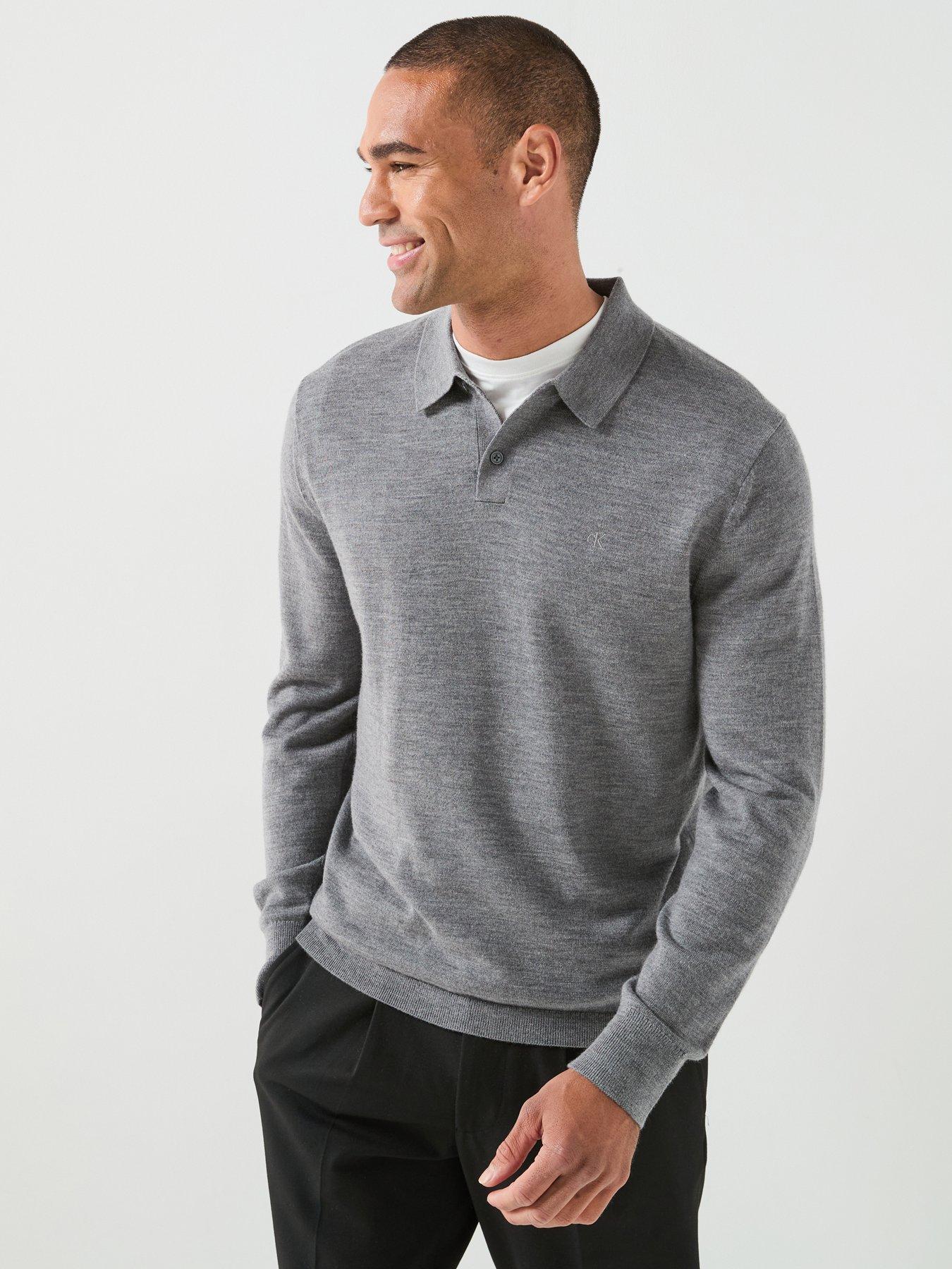 Calvin Klein Long Sleeve Merino Polo Shirt - Grey