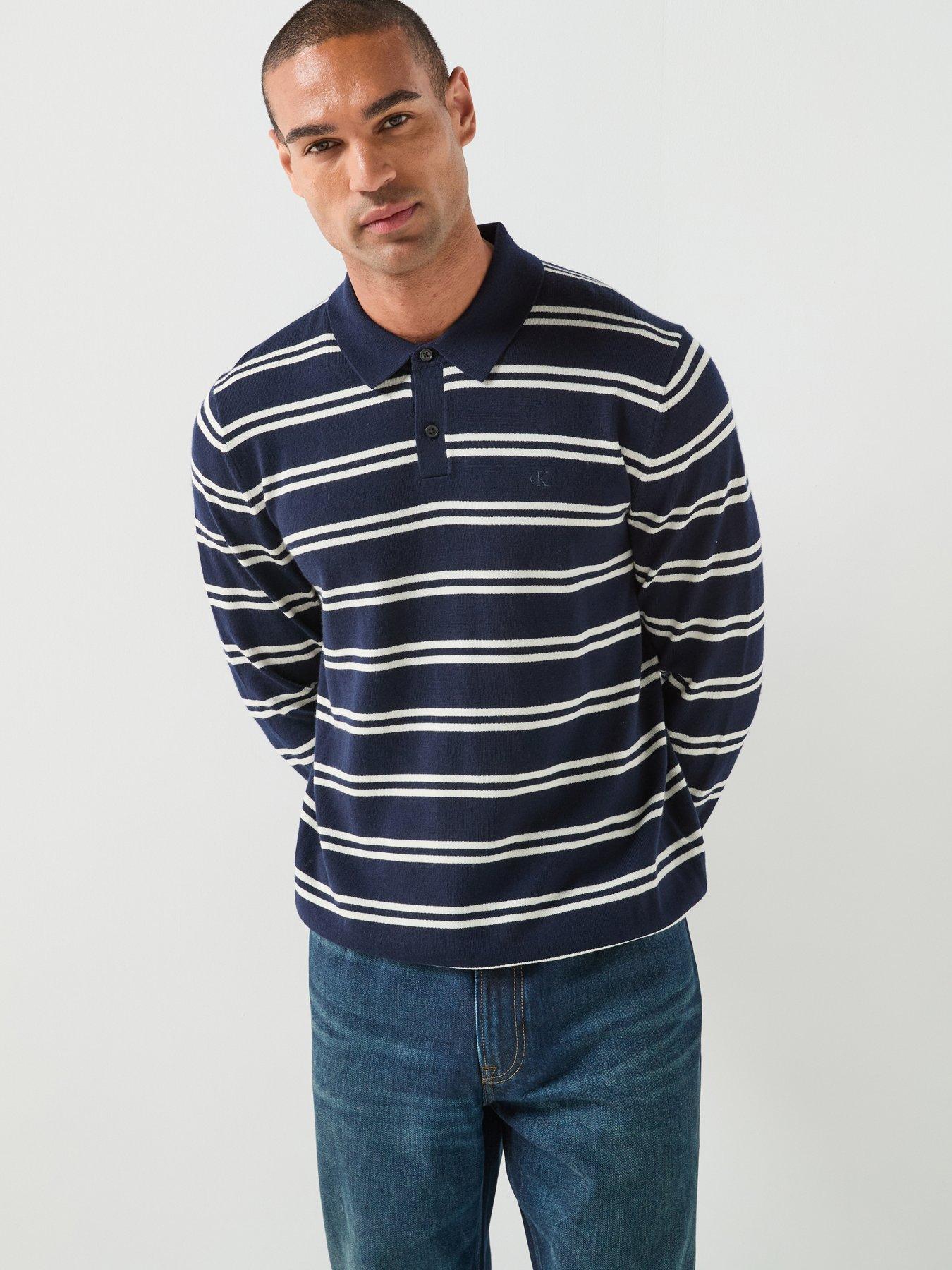 Calvin Klein Long Sleeve Stripe Merino Polo Shirt - Navy