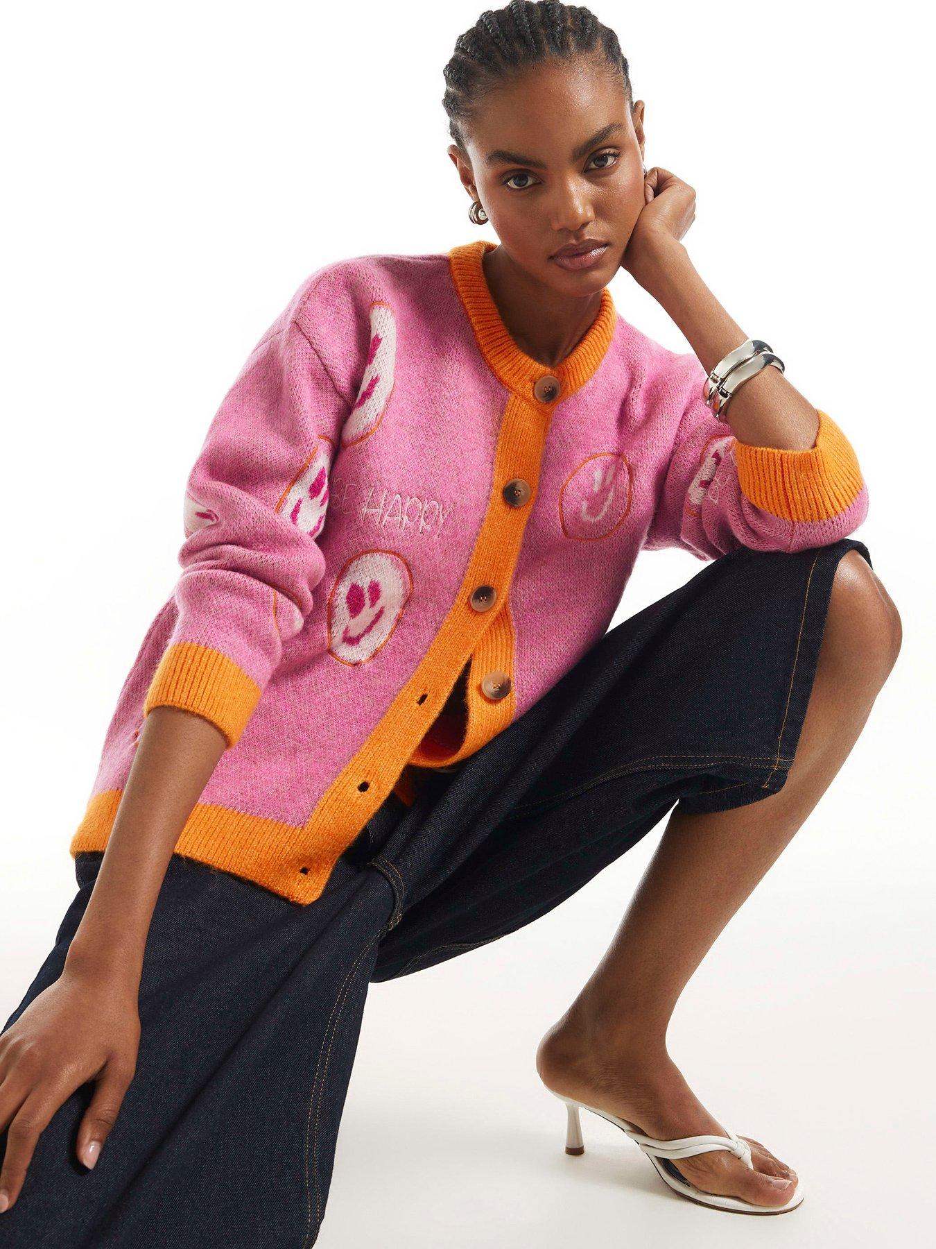 Image 1 of 6 of River Island Womens Smiley Intarsia Contrast Trim Cardigan - Pink