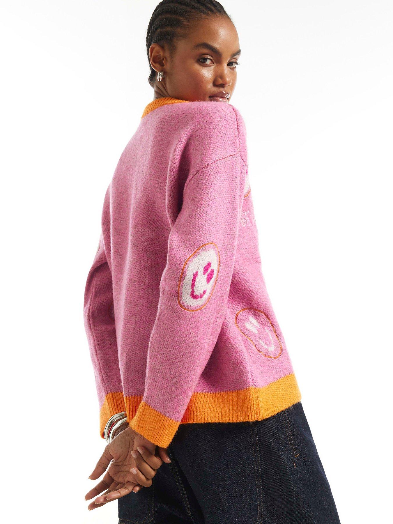 Image 2 of 6 of River Island Womens Smiley Intarsia Contrast Trim Cardigan - Pink