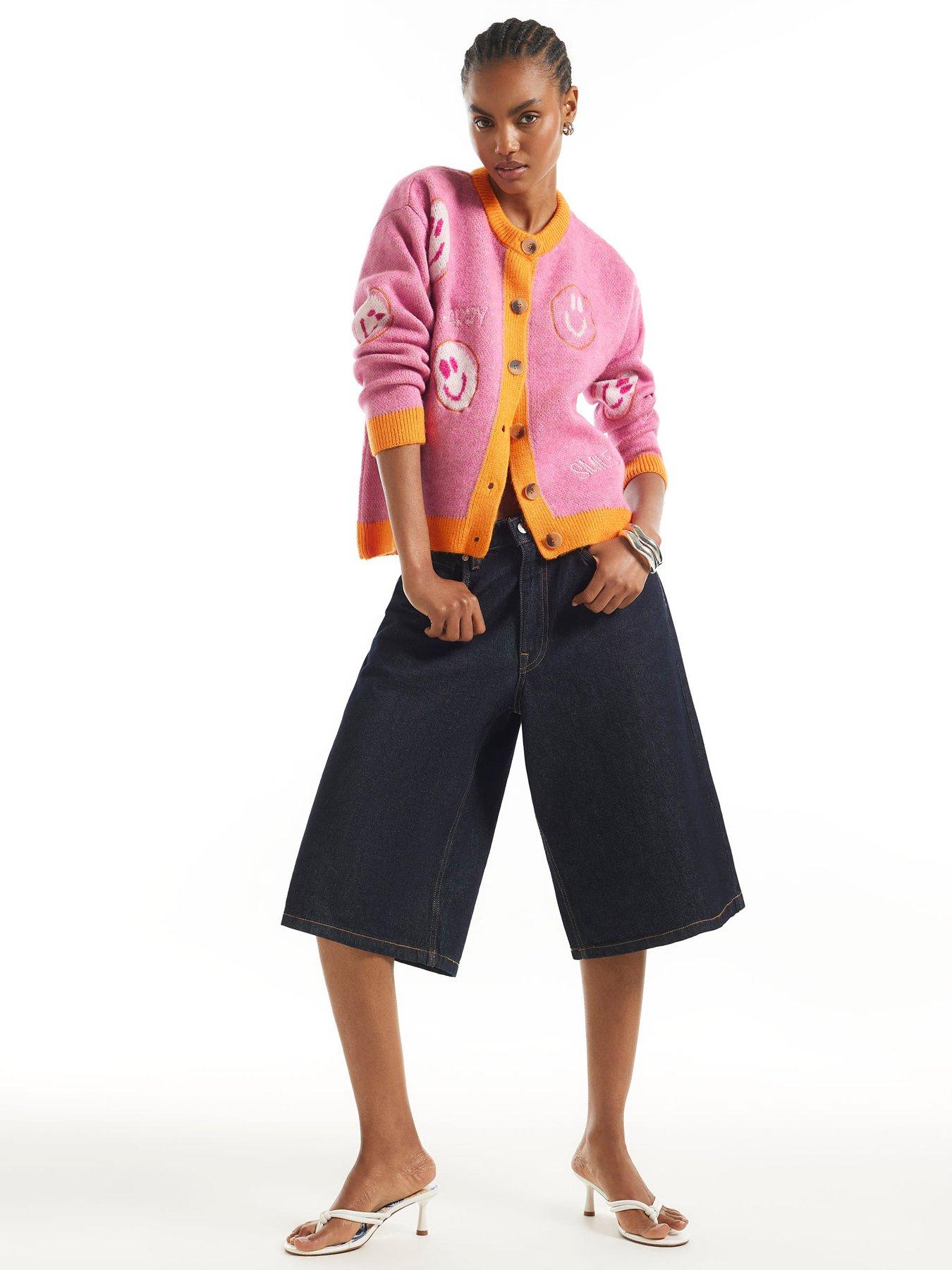Image 3 of 6 of River Island Womens Smiley Intarsia Contrast Trim Cardigan - Pink
