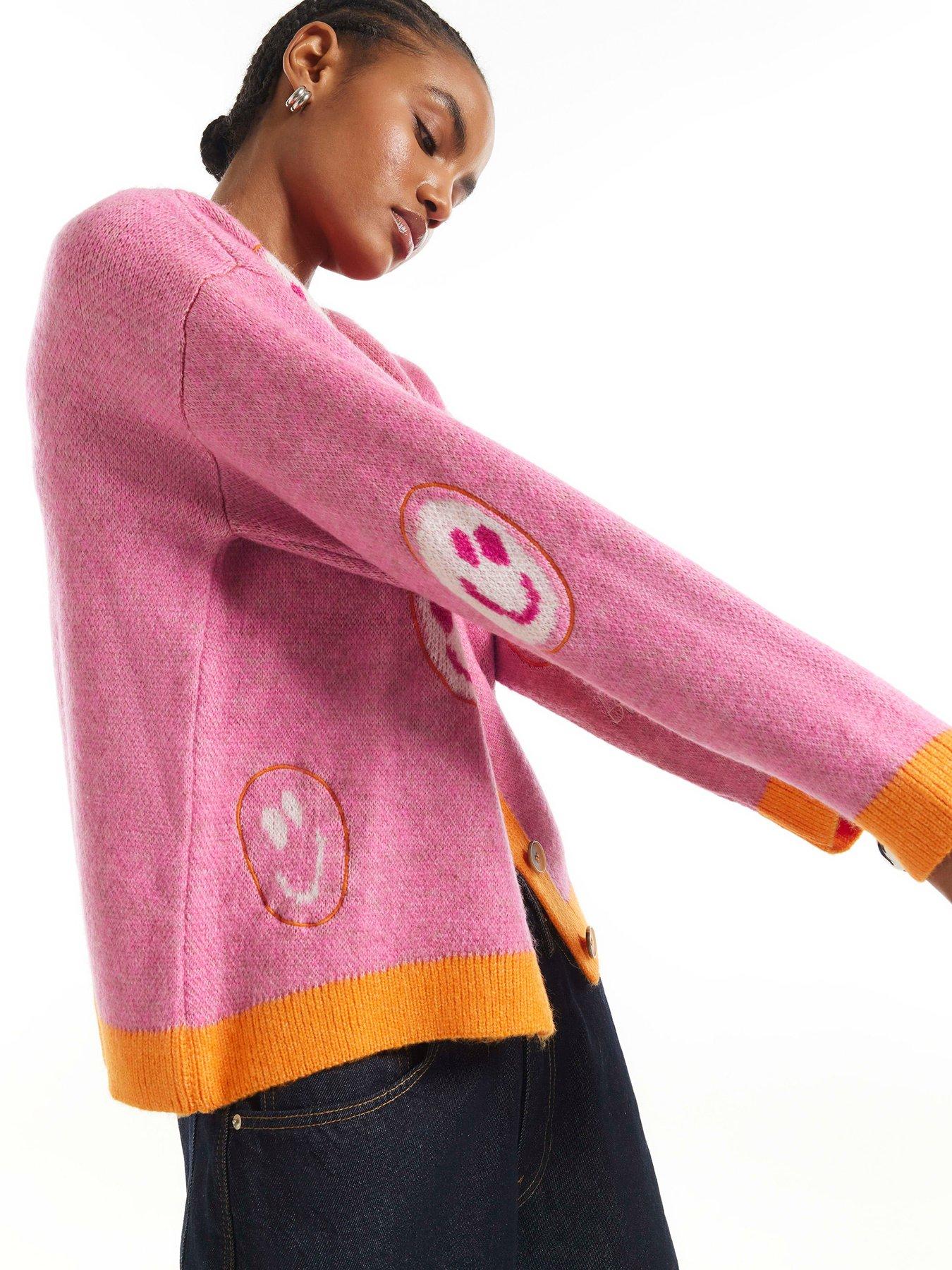 Image 4 of 6 of River Island Womens Smiley Intarsia Contrast Trim Cardigan - Pink
