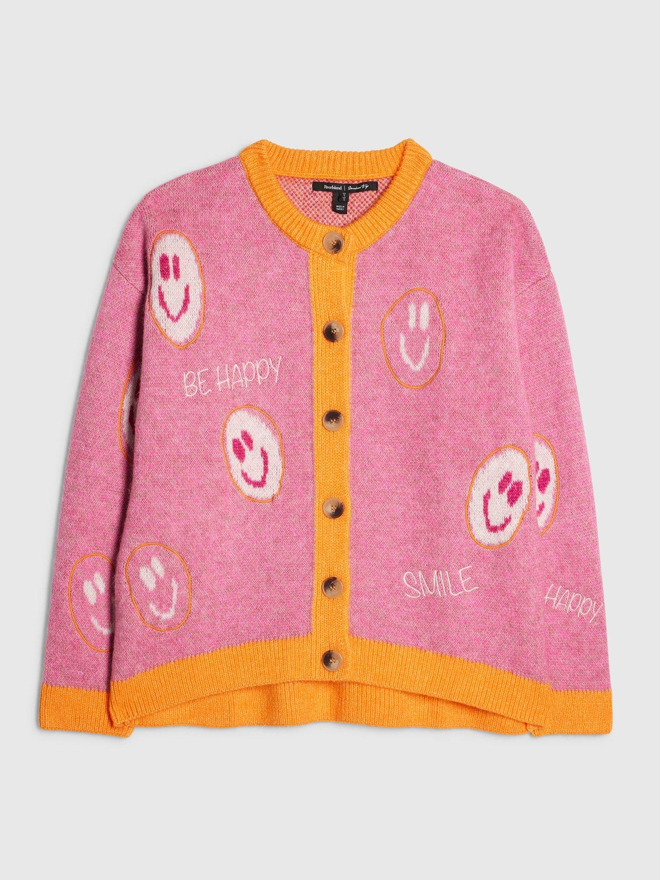 Image 5 of 6 of River Island Womens Smiley Intarsia Contrast Trim Cardigan - Pink