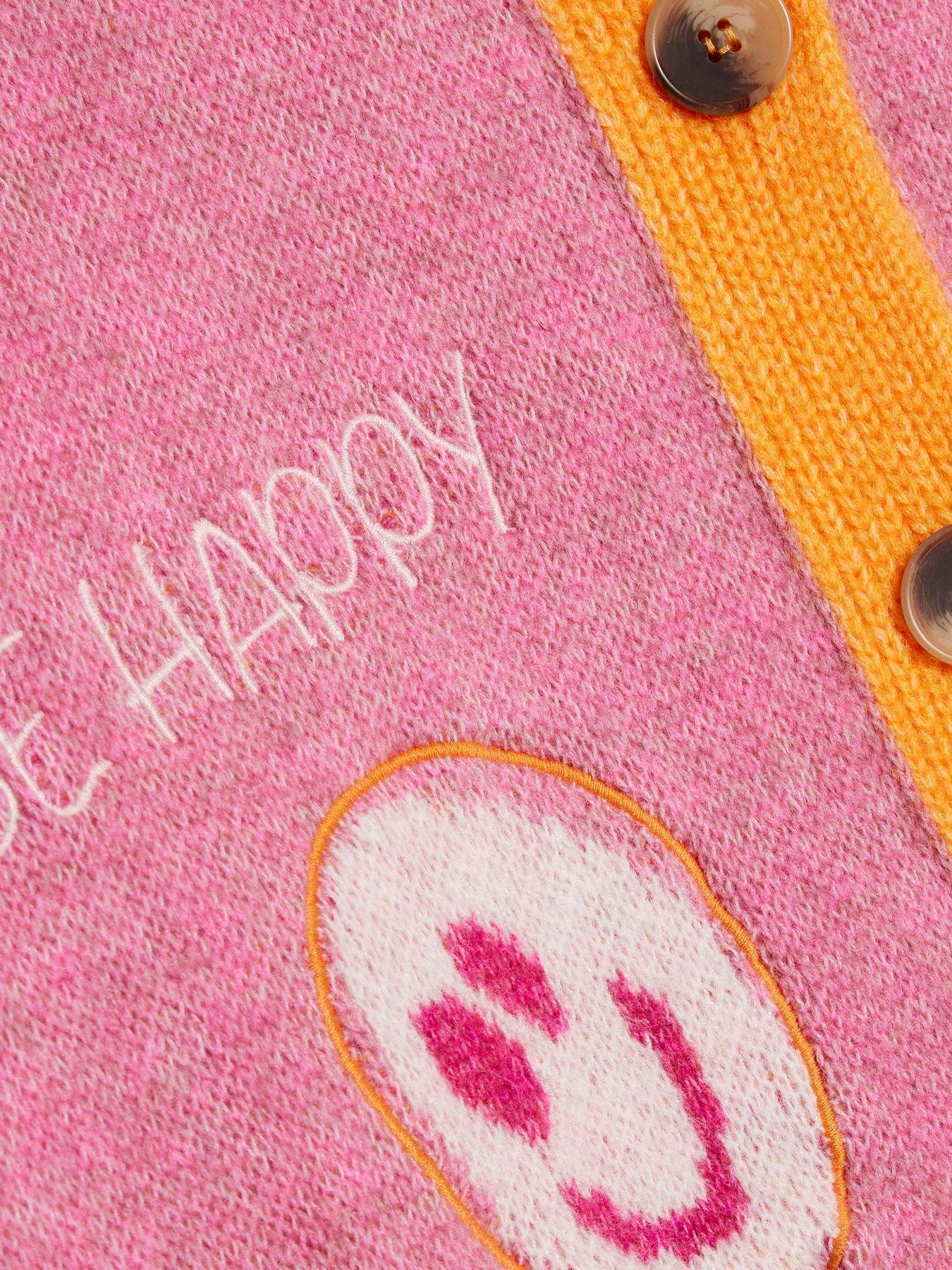 Image 6 of 6 of River Island Womens Smiley Intarsia Contrast Trim Cardigan - Pink