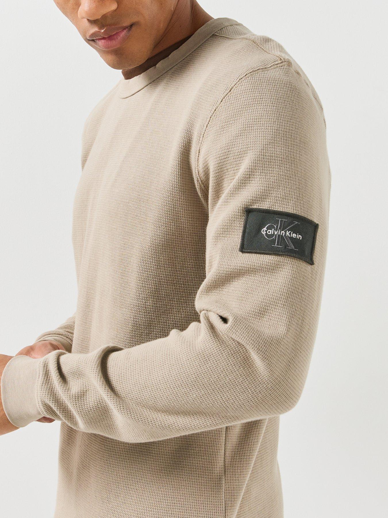 Image 4 of 5 of Calvin Klein Jeans Mens Waffle Textured Long Sleeve Badge T-Shirt - Cream