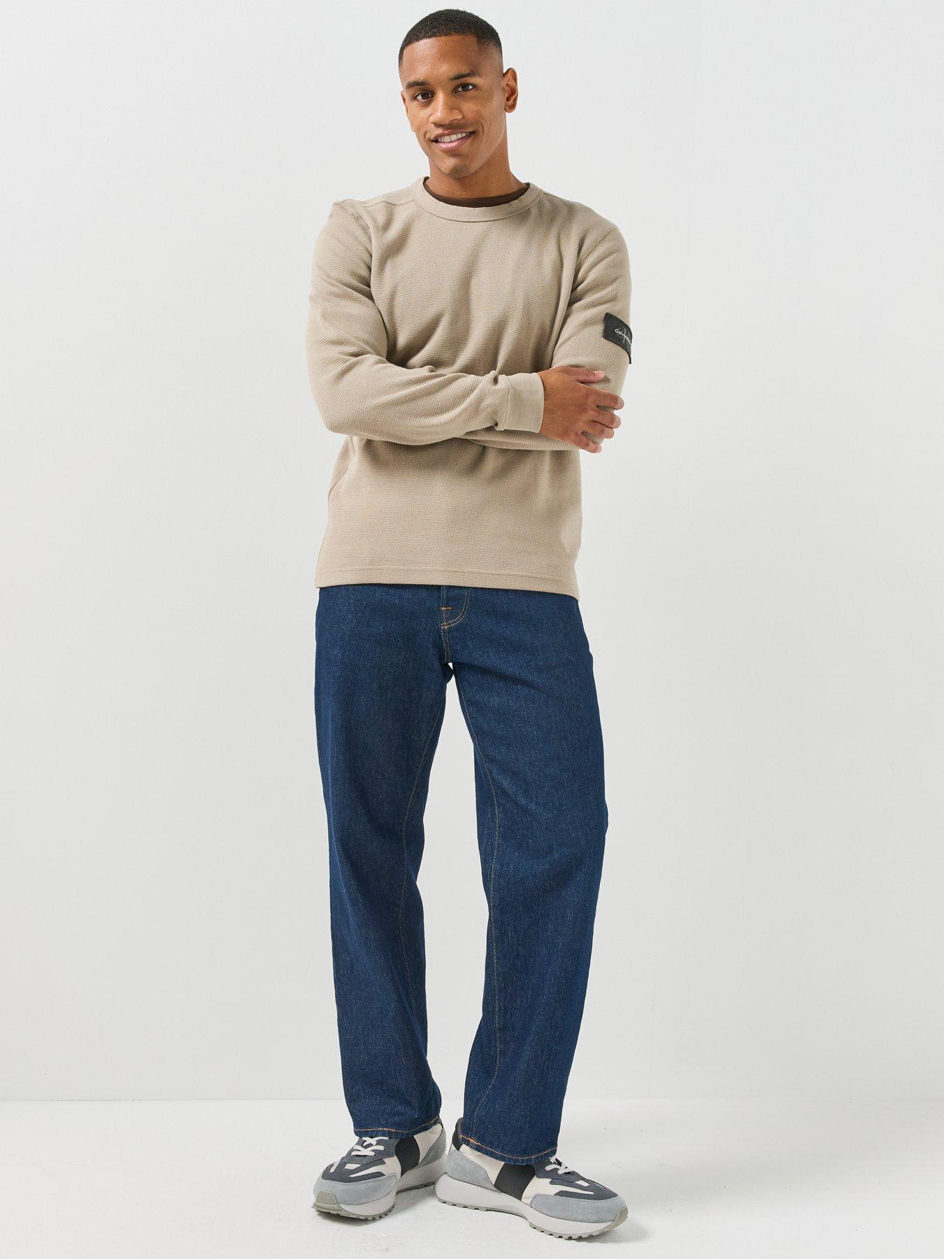 Image 5 of 5 of Calvin Klein Jeans Mens Waffle Textured Long Sleeve Badge T-Shirt - Cream