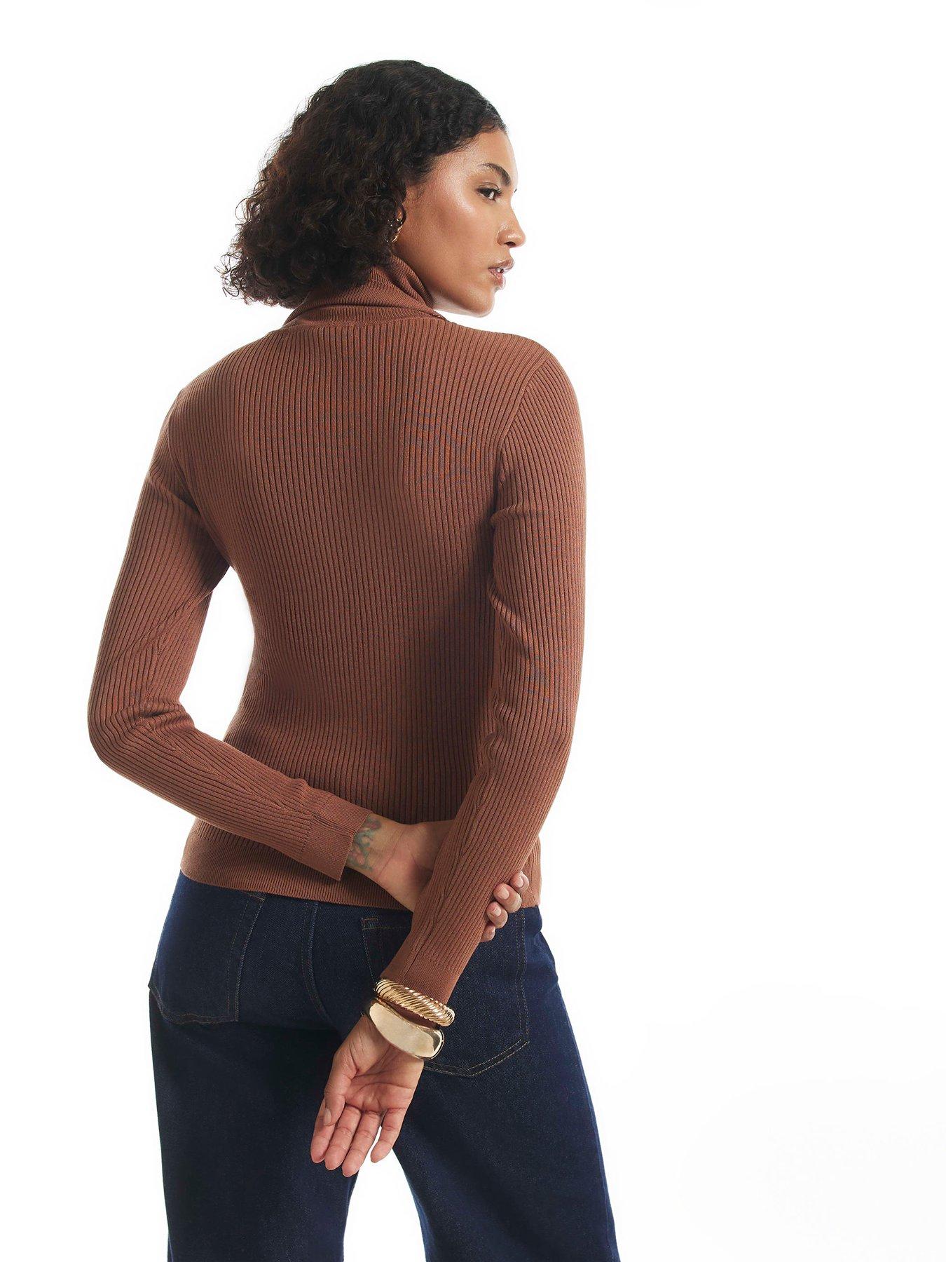 Image 2 of 6 of River Island Womens Ribbed Roll Neck Top - Brown