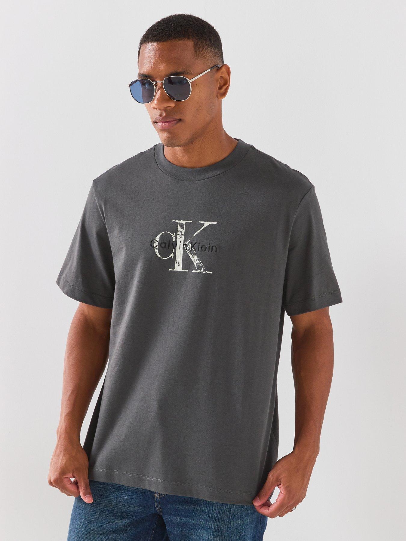 Image 1 of 6 of Calvin Klein Jeans 20s Distressed Monologo T-Shirt - Grey