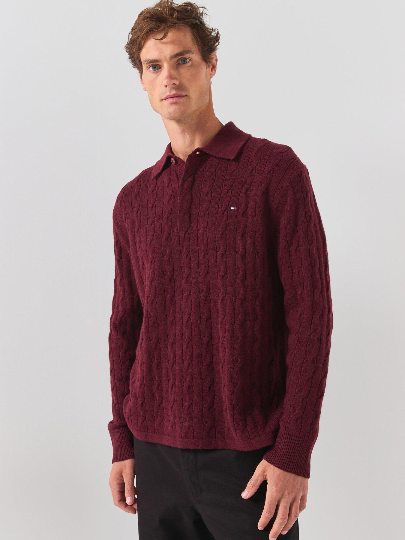 Image 1 of 6 of Tommy Hilfiger Lambswool Cable Rugby Knitted Jumper - Dark Red