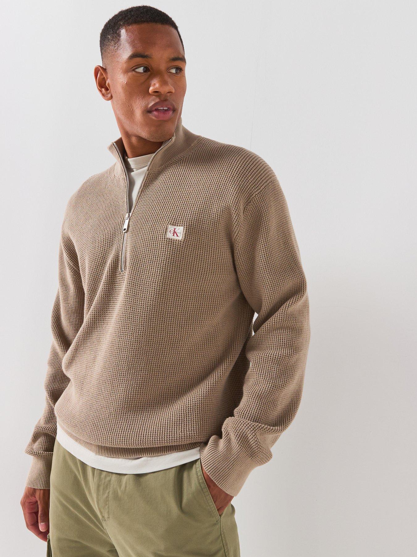 Image 1 of 6 of Calvin Klein Jeans Cotton Waffle Half Zip Jumper - Roasted Cashew