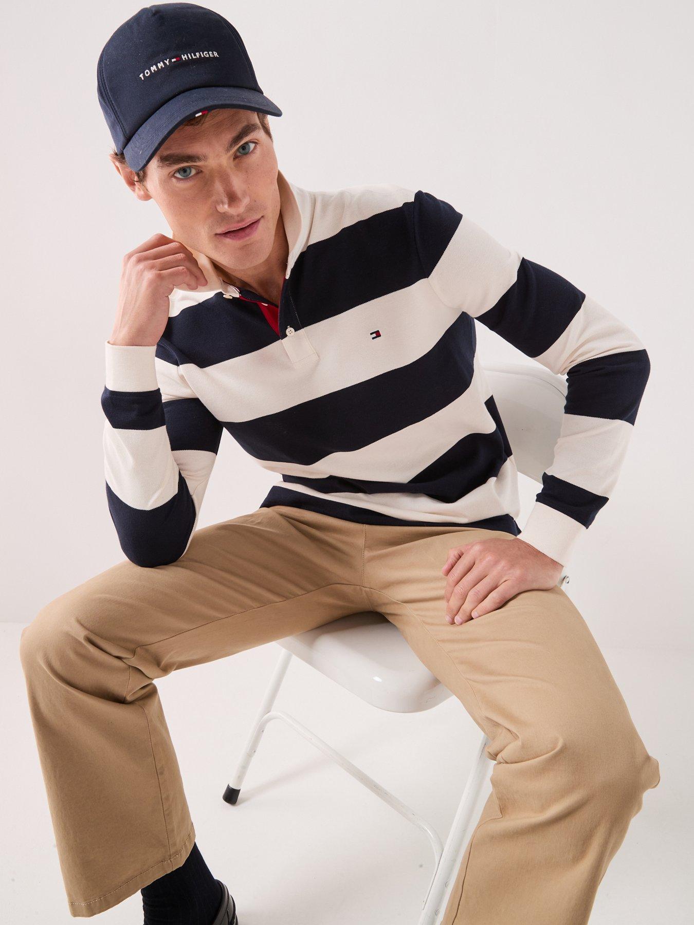 Image 1 of 6 of Tommy Hilfiger Men's Long Sleeve Striped Rugby Polo Shirt - Light-Cream/Navy