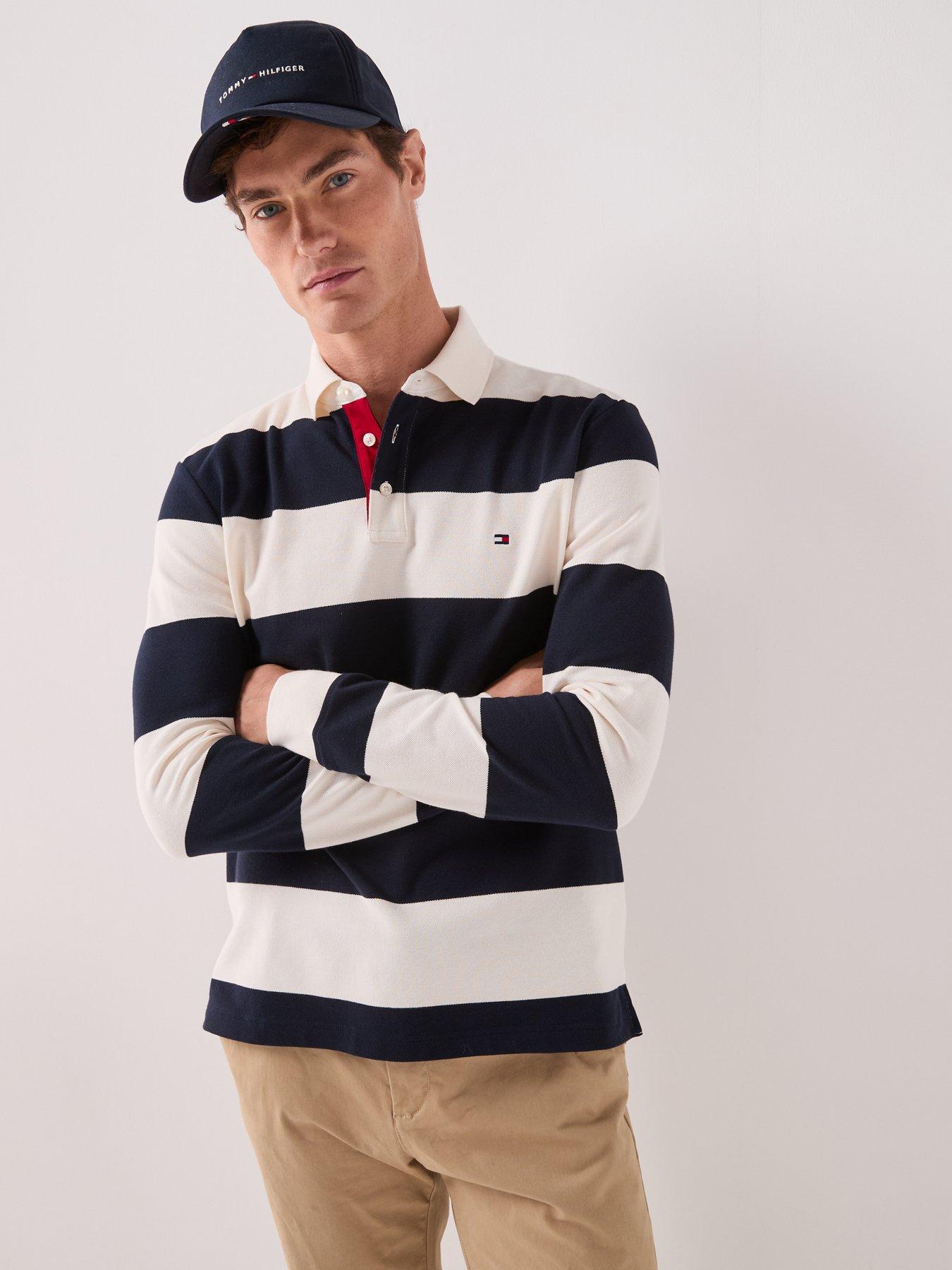Image 4 of 6 of Tommy Hilfiger Men's Long Sleeve Striped Rugby Polo Shirt - Light-Cream/Navy