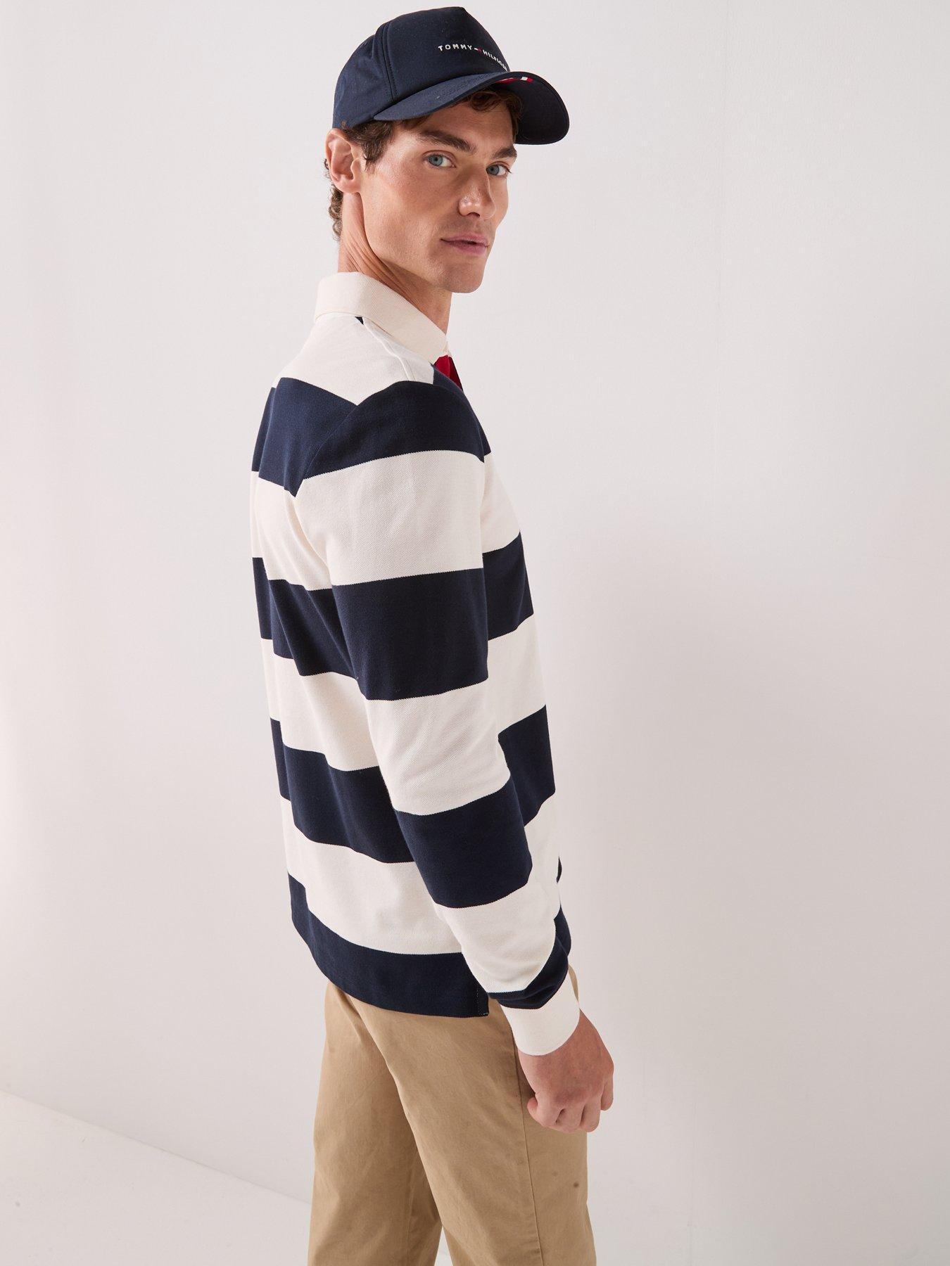 Image 5 of 6 of Tommy Hilfiger Men's Long Sleeve Striped Rugby Polo Shirt - Light-Cream/Navy