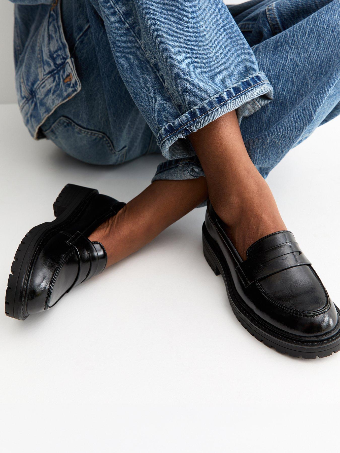 New Look Shiny Faux Leather Chunky School Shoe Loafers - Black