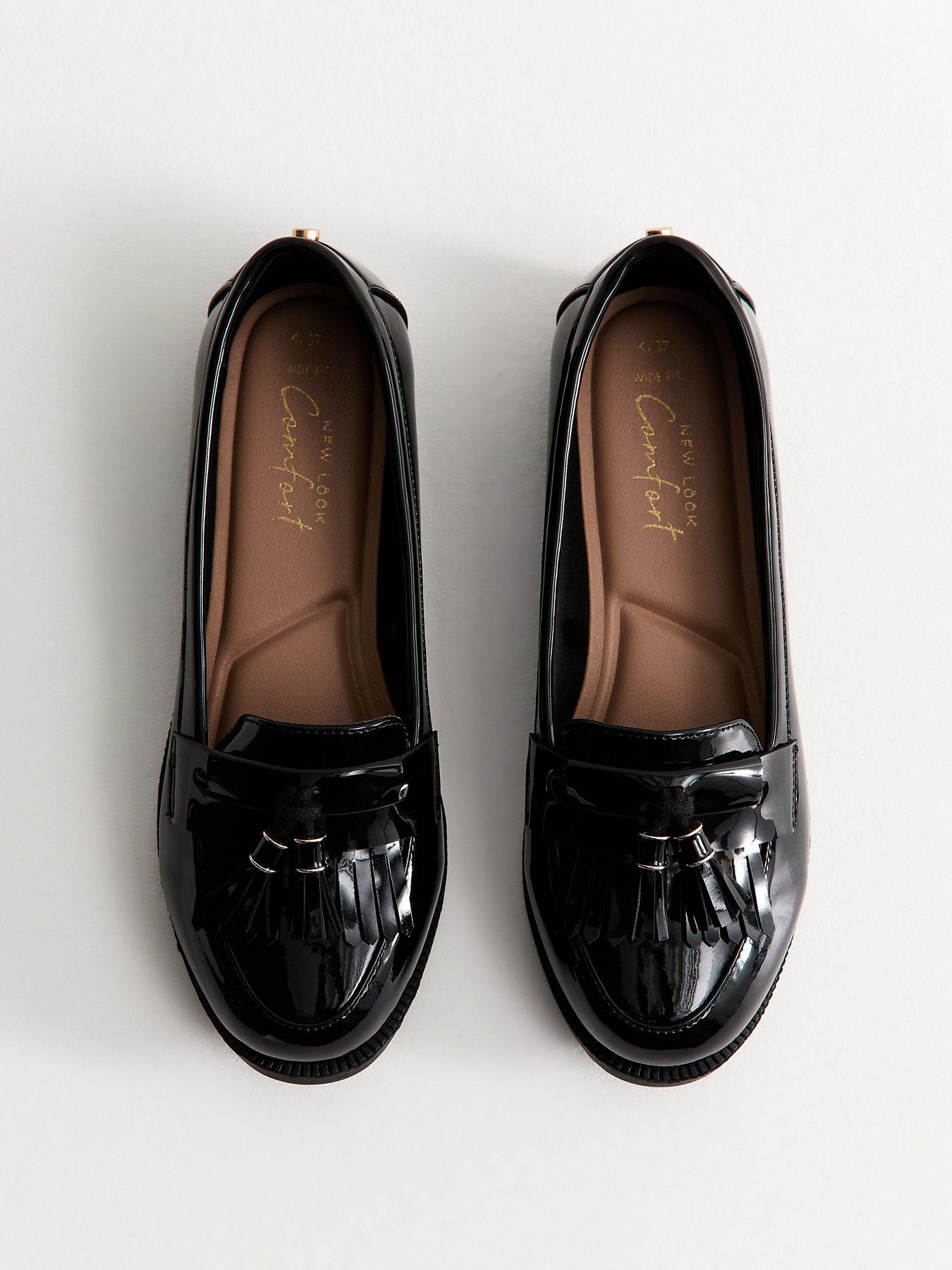 New Look Wide Fit Faux Patent Leather Loafers - Black