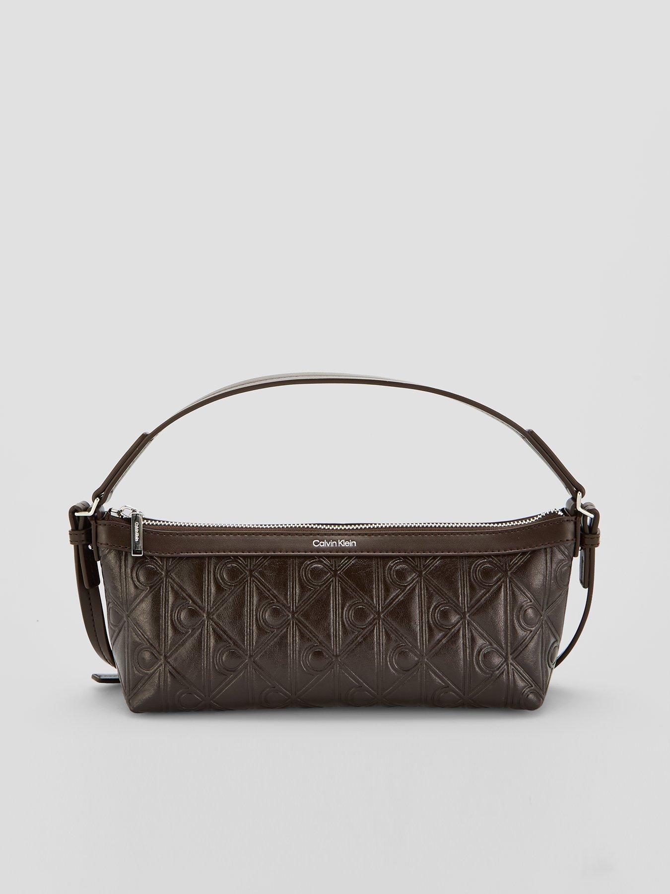Calvin Klein Debossed Allover Emblem Logo Long Shoulder Bag - Brown