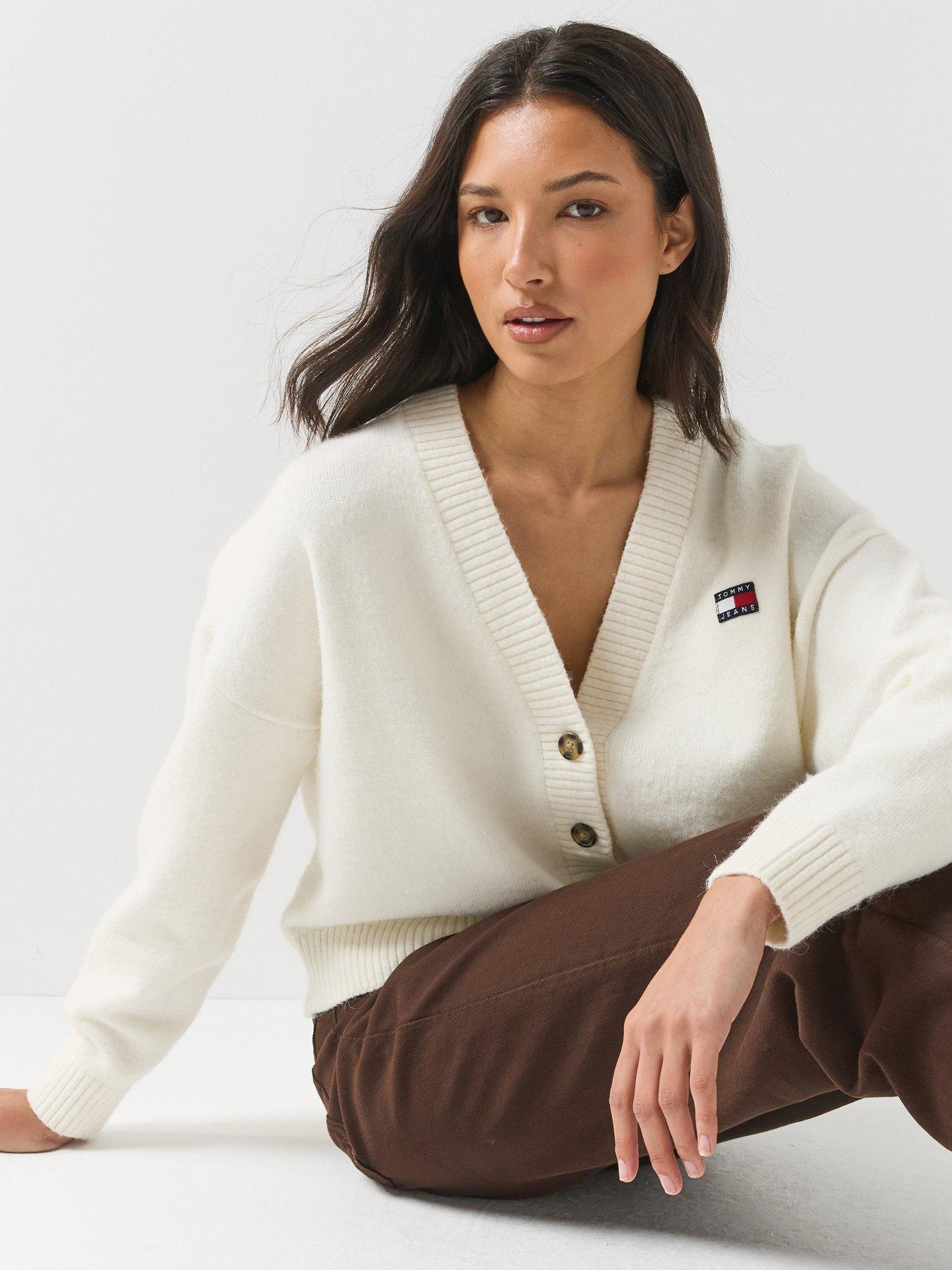 Image 1 of 6 of Tommy Jeans Fluffy Badge Knitted Cardigan - Cream