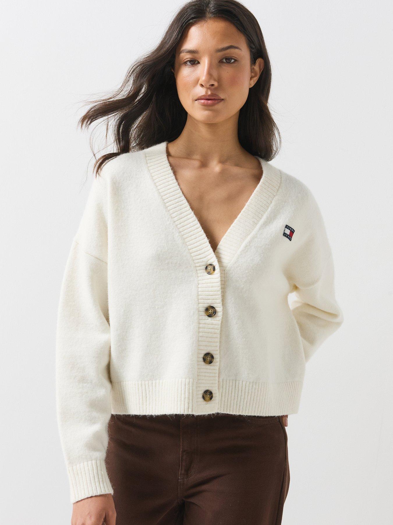 Image 6 of 6 of Tommy Jeans Fluffy Badge Knitted Cardigan - Cream