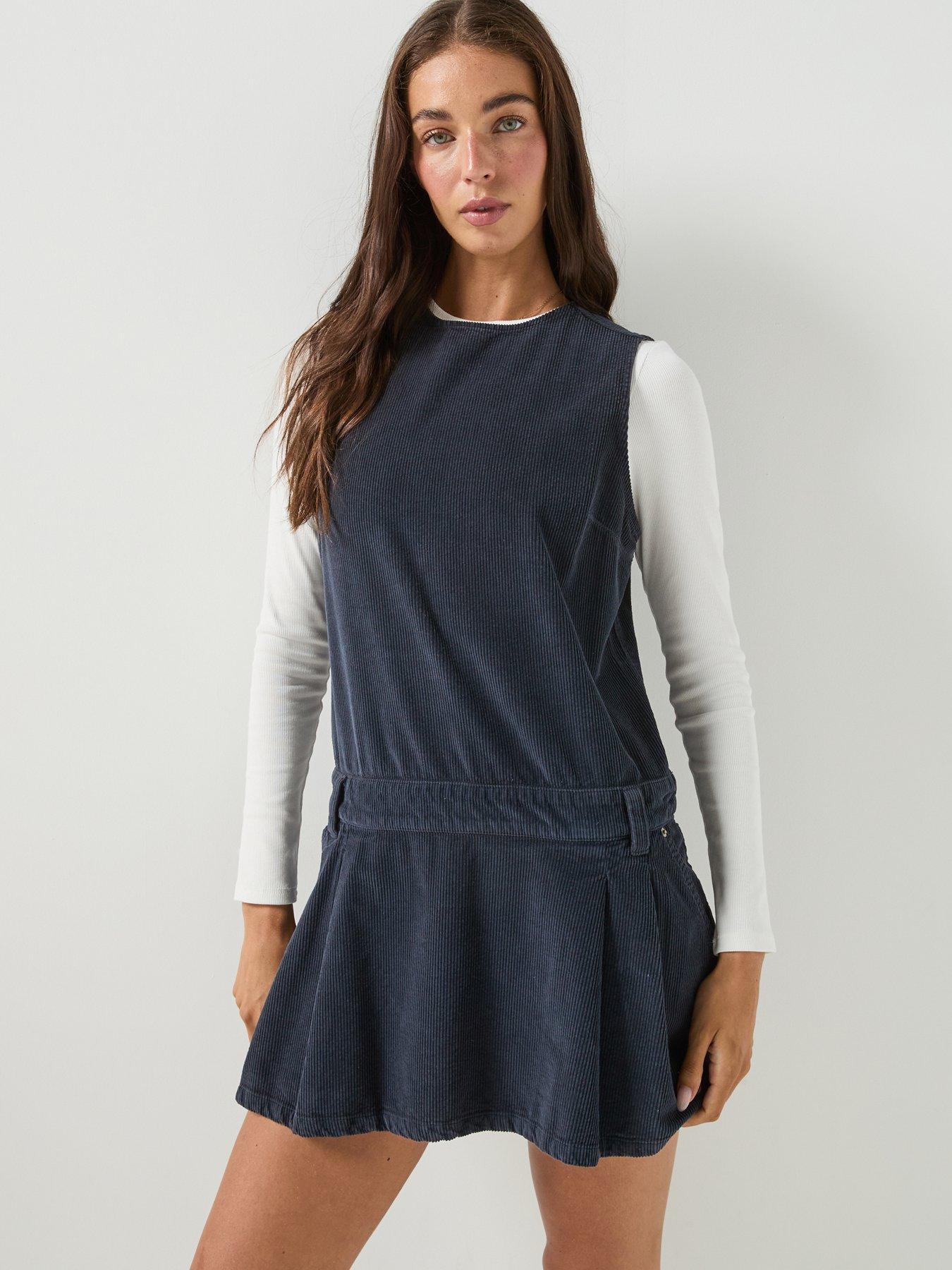 Image 1 of 5 of Tommy Jeans Corduroy Pleated Mini Shift Dress - Blue