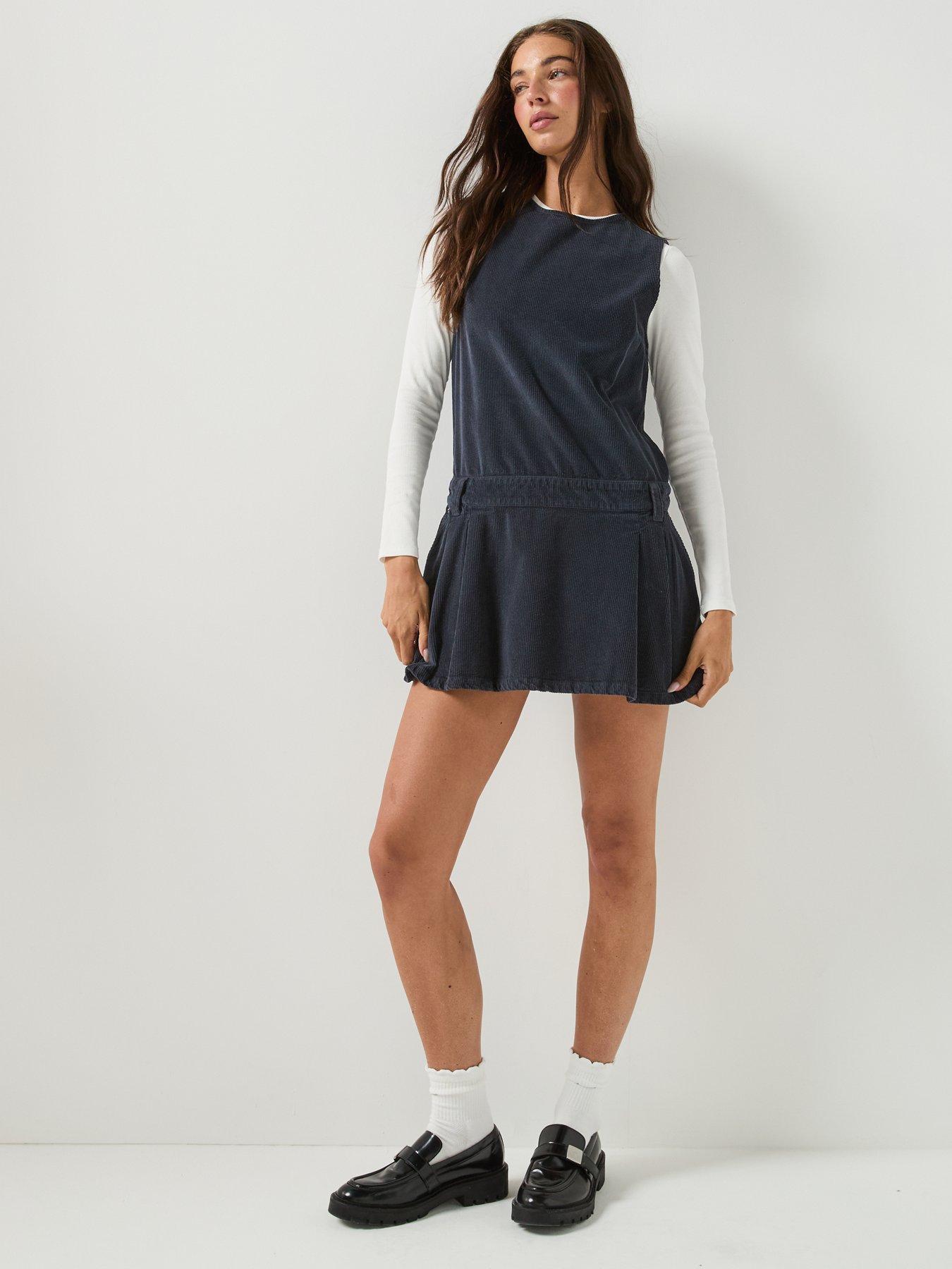 Image 3 of 5 of Tommy Jeans Corduroy Pleated Mini Shift Dress - Blue