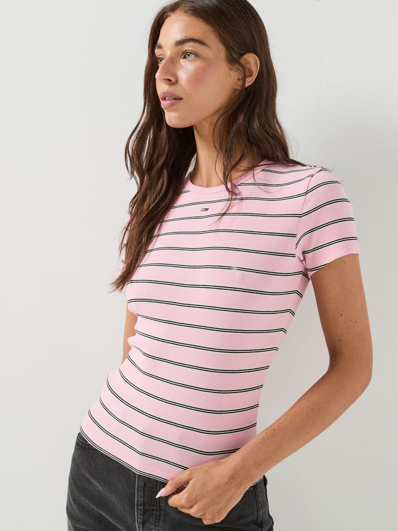 Tommy Jeans Women's Slim Essential Rib Stripe T-Shirt - Pink