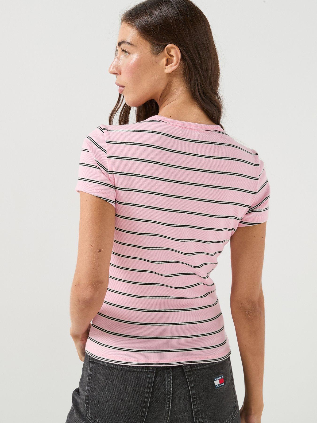 Image 2 of 5 of Tommy Jeans Women's Slim Essential Rib Stripe T-Shirt - Pink