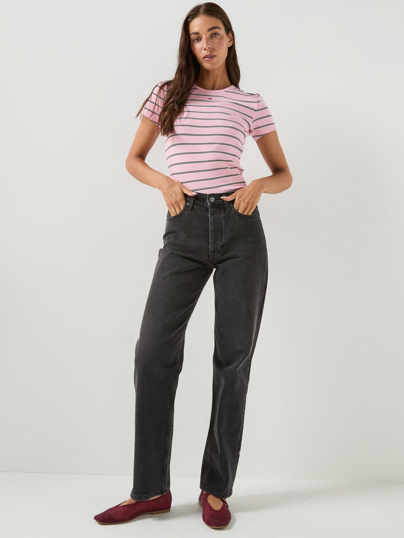Image 3 of 5 of Tommy Jeans Women's Slim Essential Rib Stripe T-Shirt - Pink