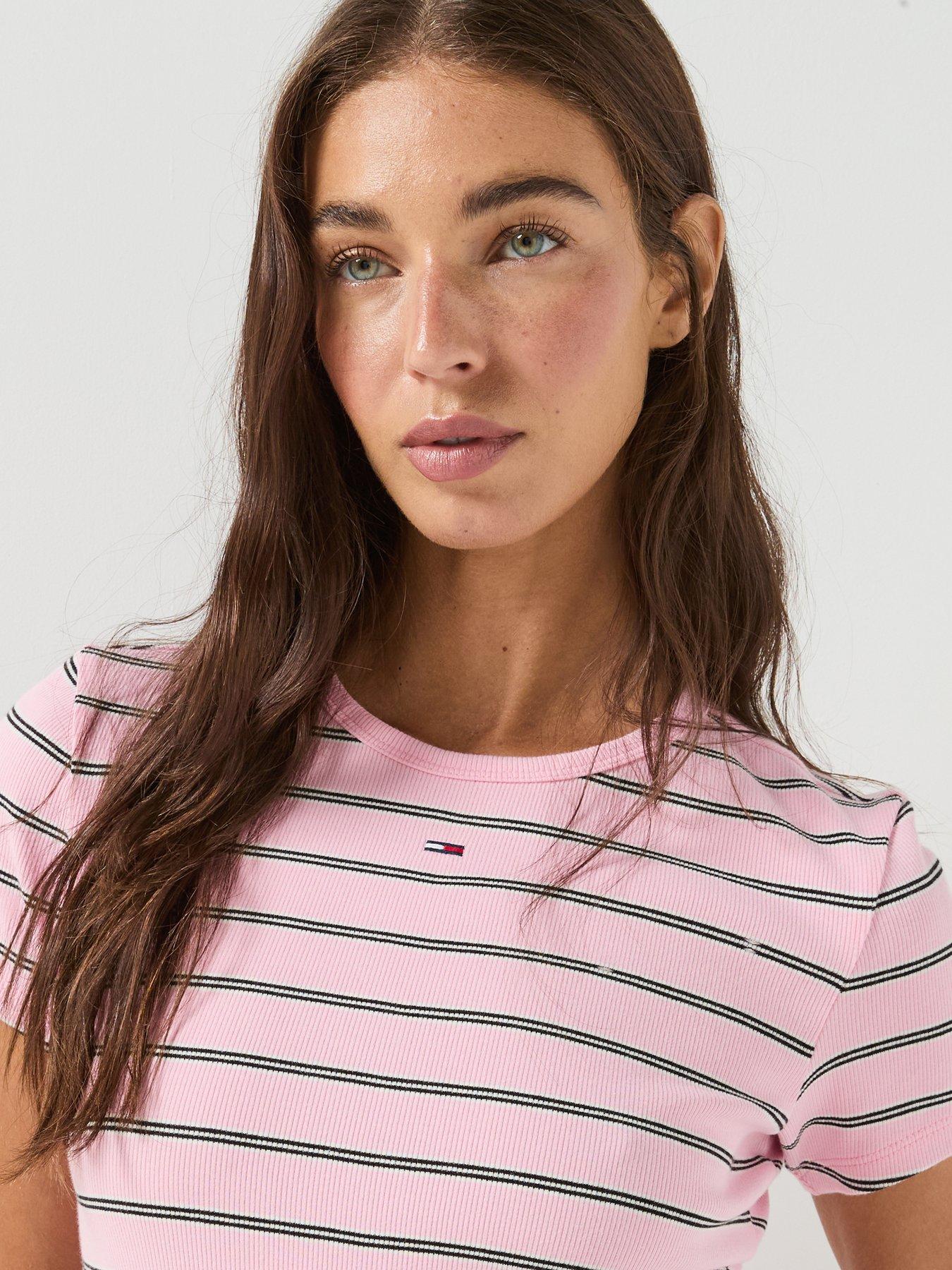 Image 4 of 5 of Tommy Jeans Women's Slim Essential Rib Stripe T-Shirt - Pink