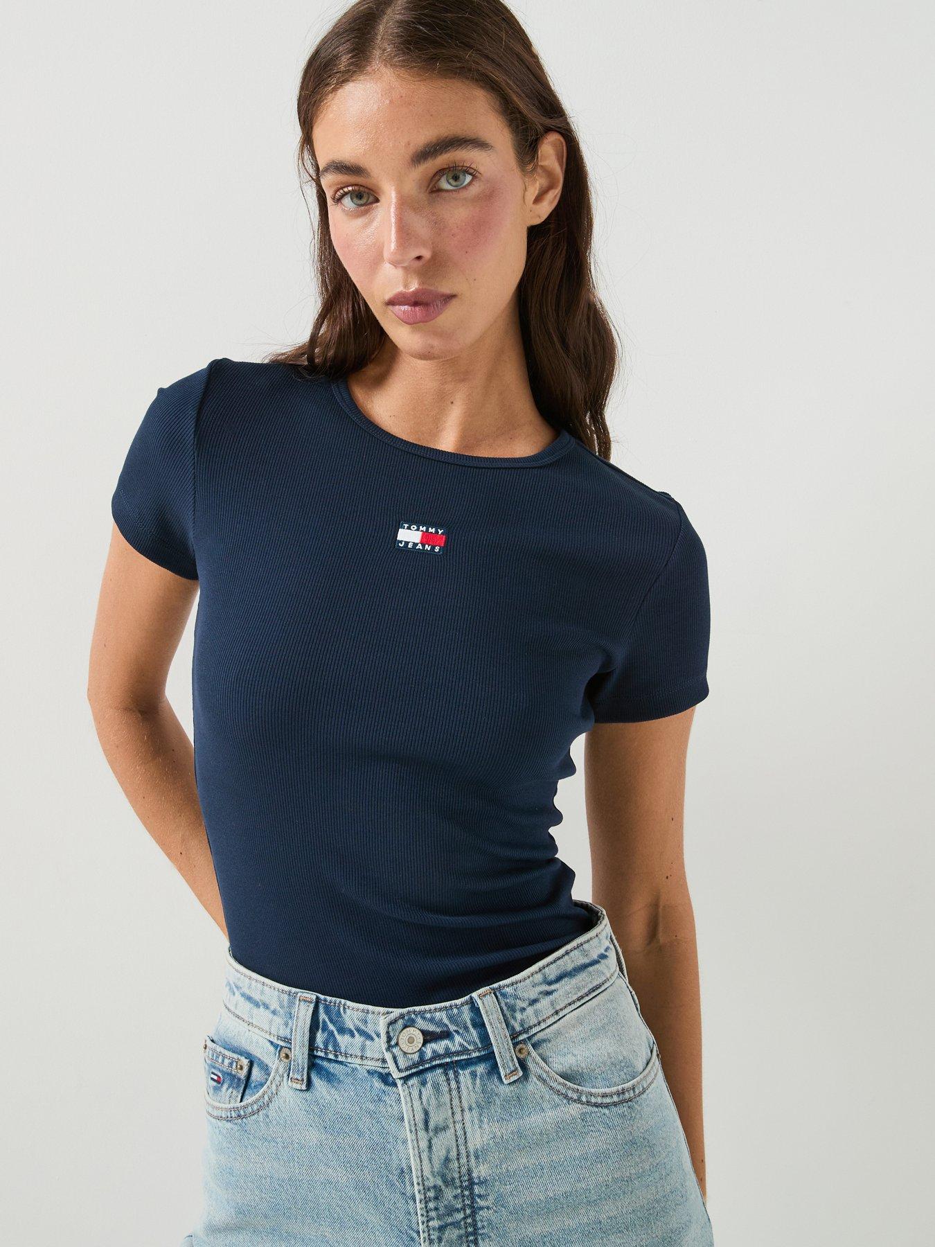 Tommy Jeans Women's Slim Fit Ribbed T-Shirt with Logo Badge - Navy