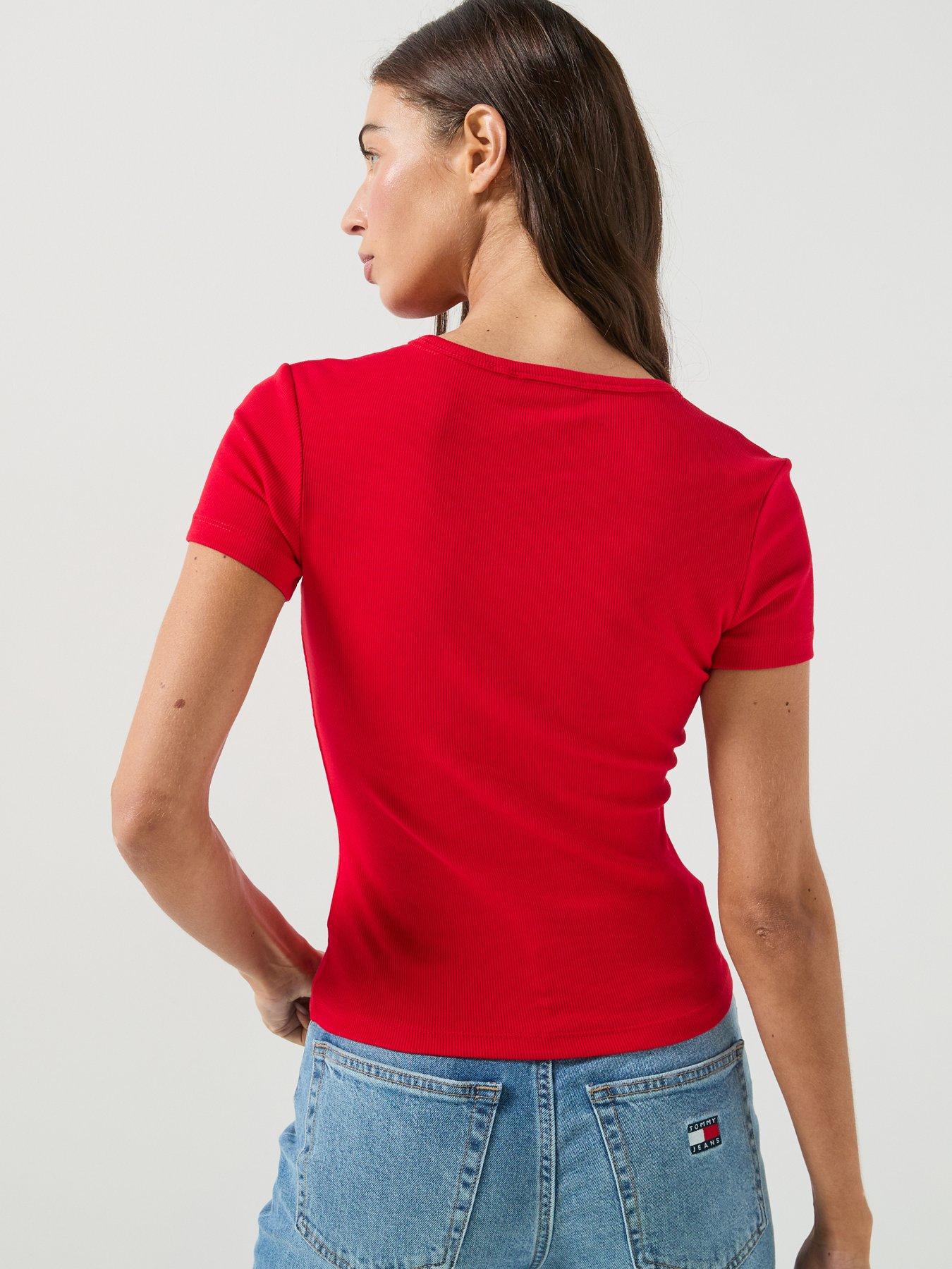 Image 2 of 5 of Tommy Jeans Tommy Badge Slim Ribbed T-shirt - Red