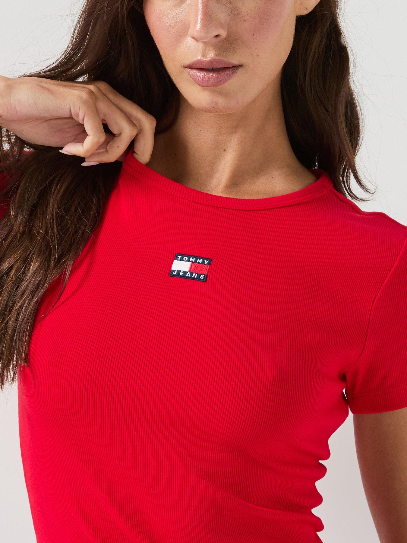 Image 4 of 5 of Tommy Jeans Tommy Badge Slim Ribbed T-shirt - Red