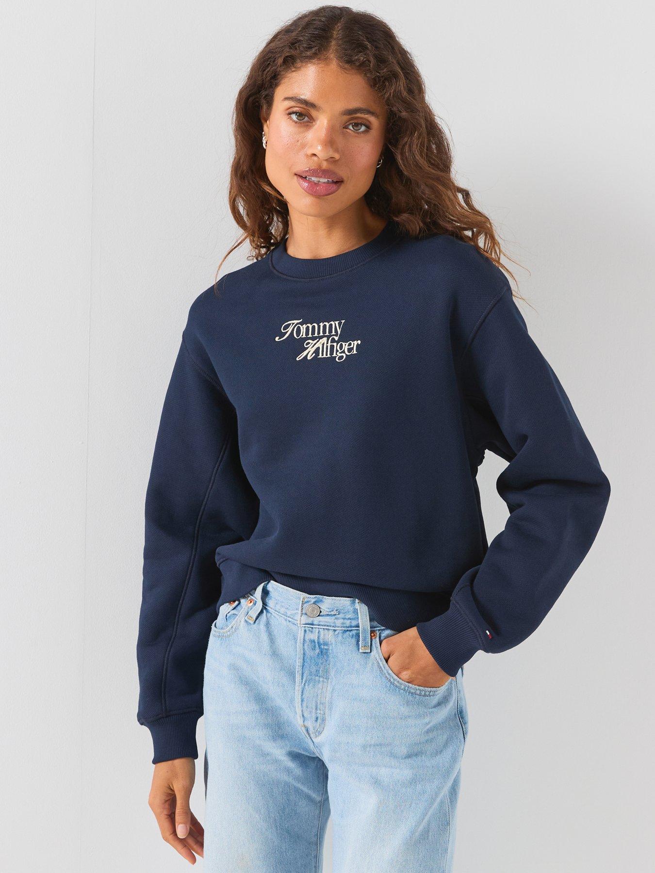 Tommy Hilfiger Women's Regular Fit Script Logo Crew Neck Sweatshirt - Navy