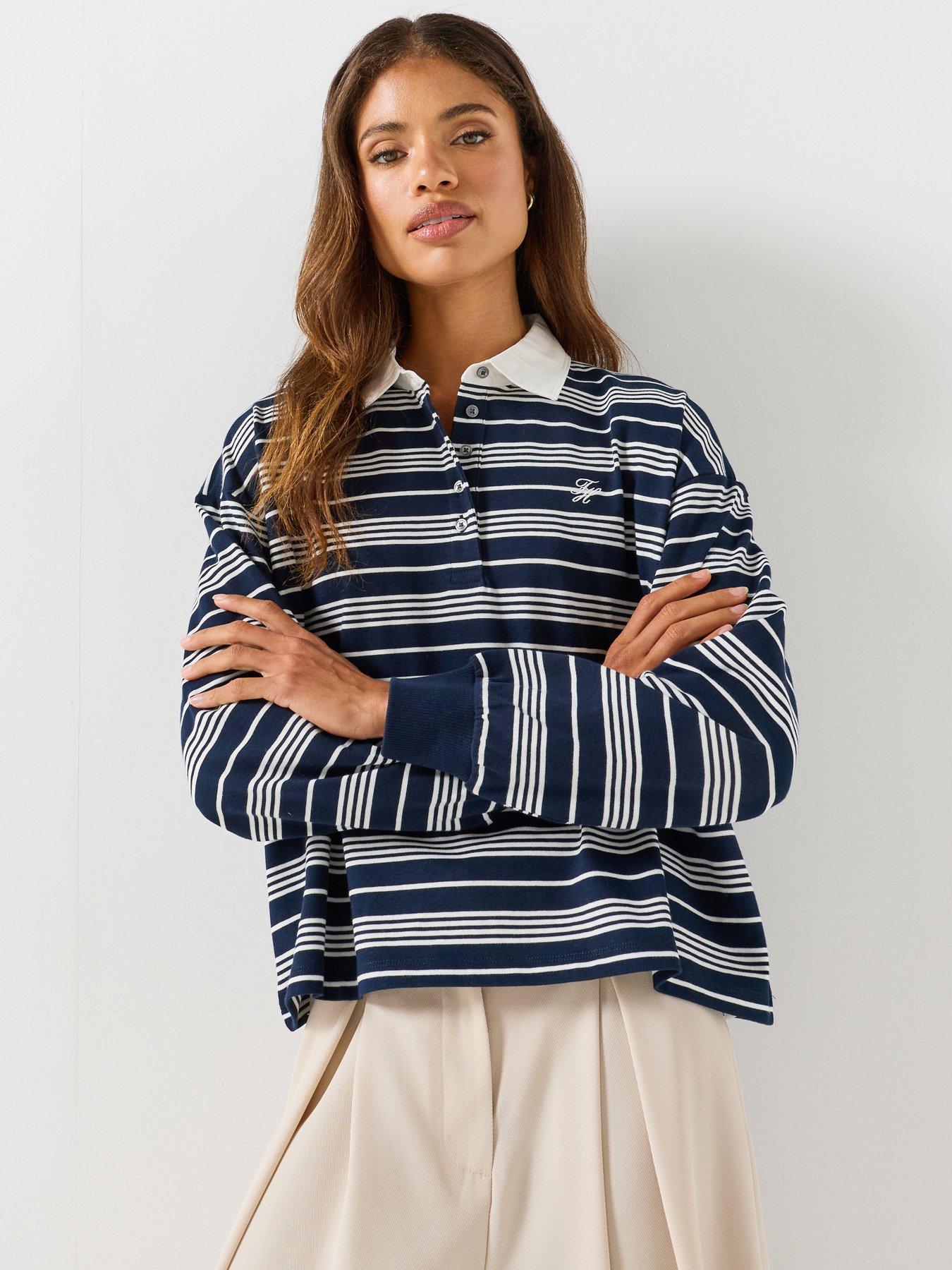 Image 1 of 6 of Tommy Hilfiger Rugby Stripe Relaxed Polo Sweatshirt - Blue / Cream