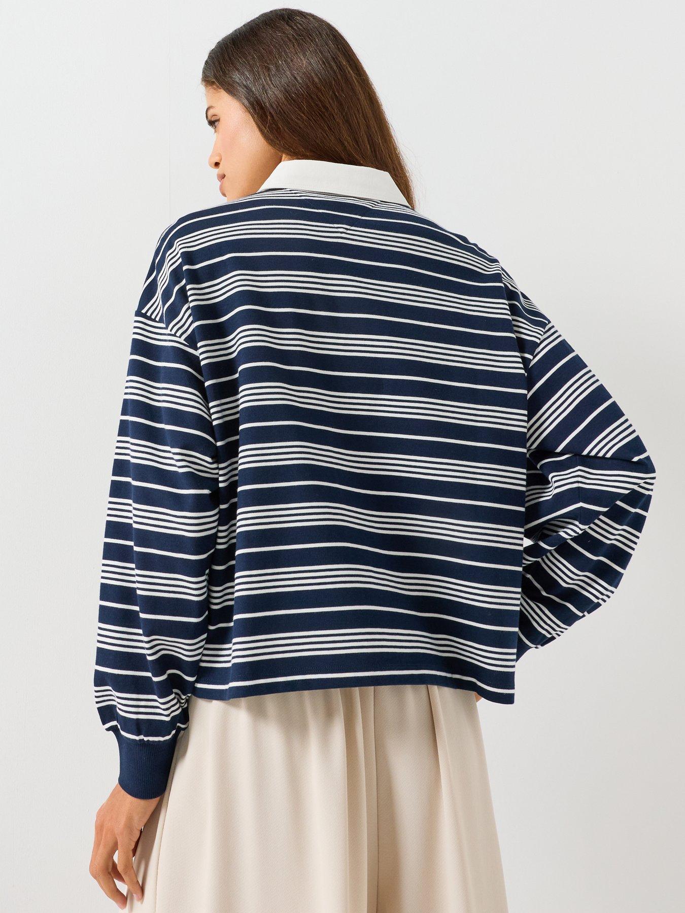 Image 2 of 6 of Tommy Hilfiger Rugby Stripe Relaxed Polo Sweatshirt - Blue / Cream