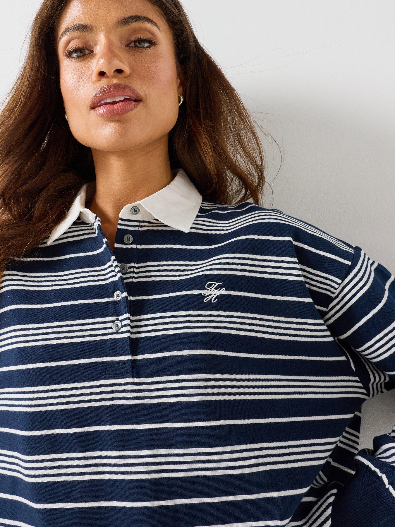 Image 4 of 6 of Tommy Hilfiger Rugby Stripe Relaxed Polo Sweatshirt - Blue / Cream