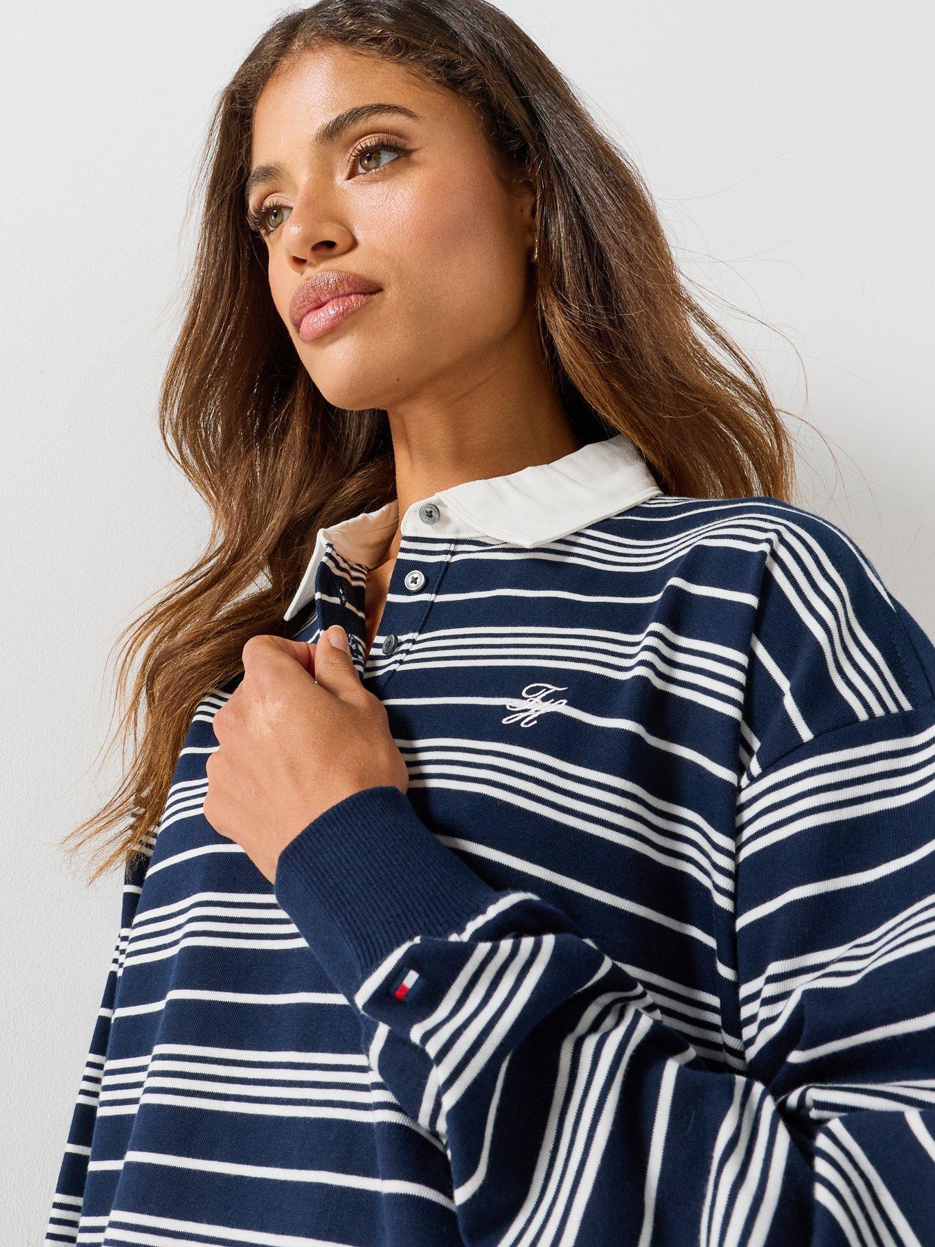 Image 5 of 6 of Tommy Hilfiger Rugby Stripe Relaxed Polo Sweatshirt - Blue / Cream