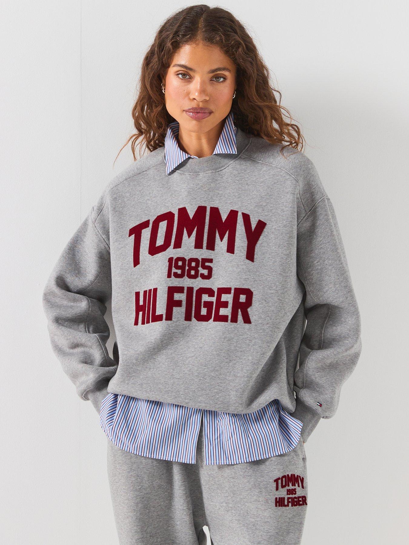 Image 1 of 6 of Tommy Hilfiger Flock Varsity Logo Oversized Sweatshirt - Grey