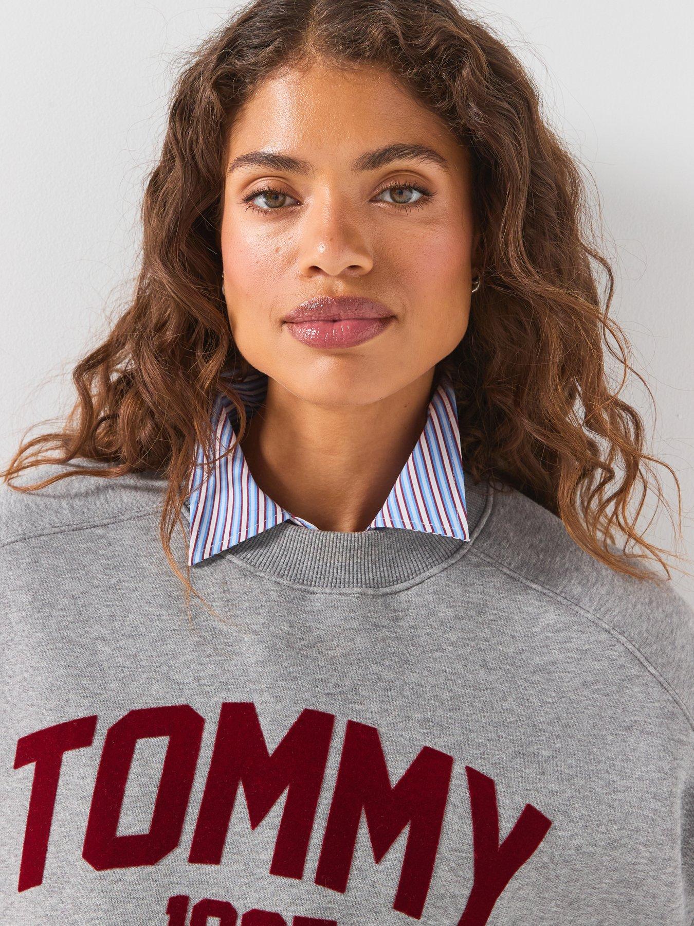 Image 4 of 6 of Tommy Hilfiger Flock Varsity Logo Oversized Sweatshirt - Grey
