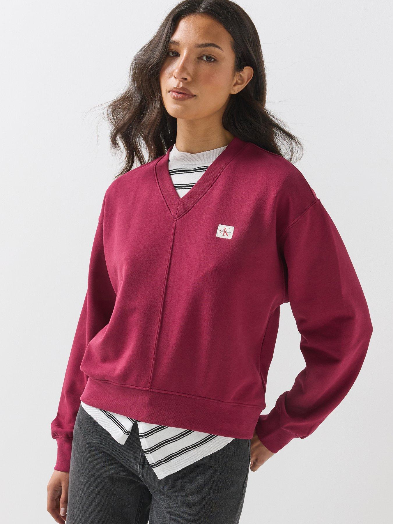 Image 1 of 6 of Calvin Klein Jeans Womens Relaxed V-Neck French Terry Sweatshirt - Pink