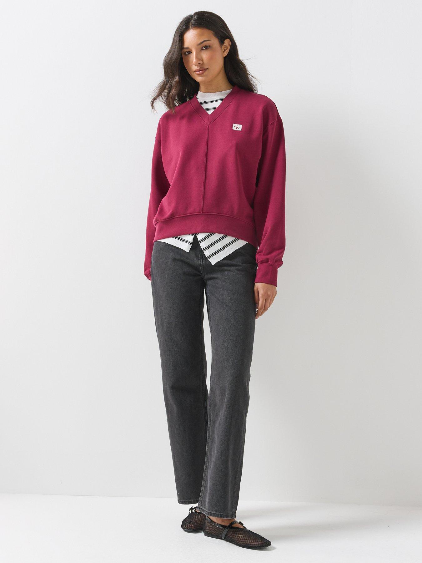 Image 3 of 6 of Calvin Klein Jeans Womens Relaxed V-Neck French Terry Sweatshirt - Pink