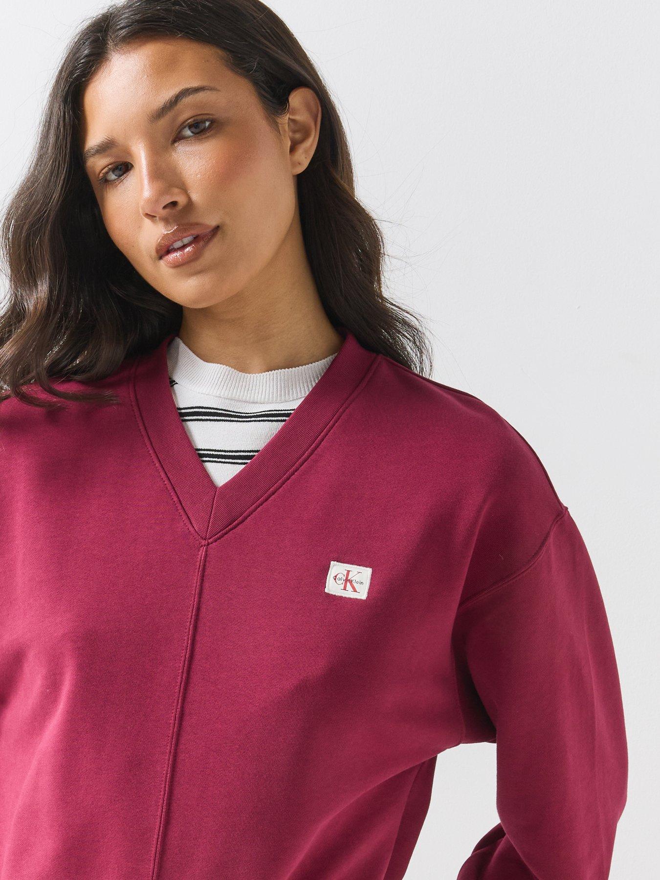 Image 4 of 6 of Calvin Klein Jeans Womens Relaxed V-Neck French Terry Sweatshirt - Pink